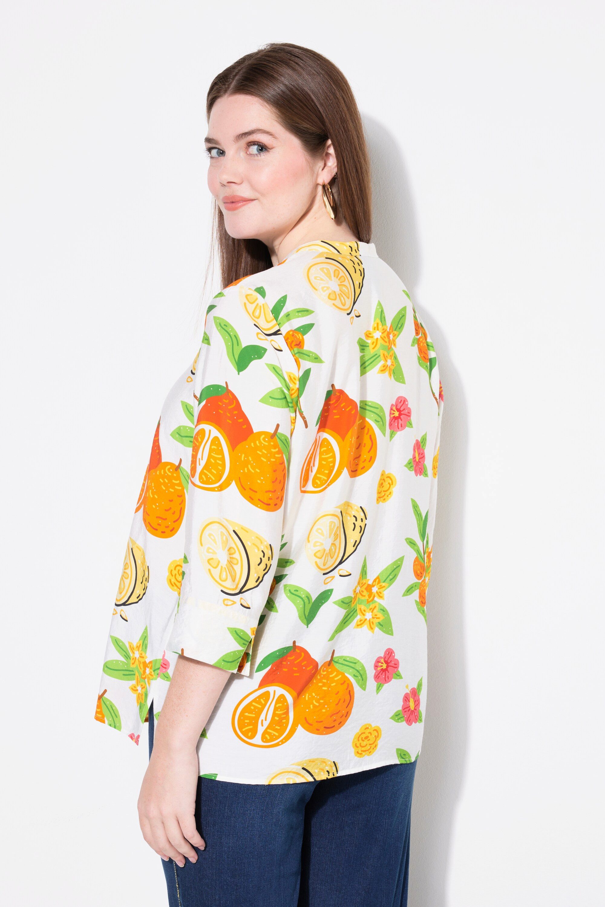 Ulla Popken Longbluse Tunika Früchte Stehkragen V-Ausschnitt 3/4-Arm