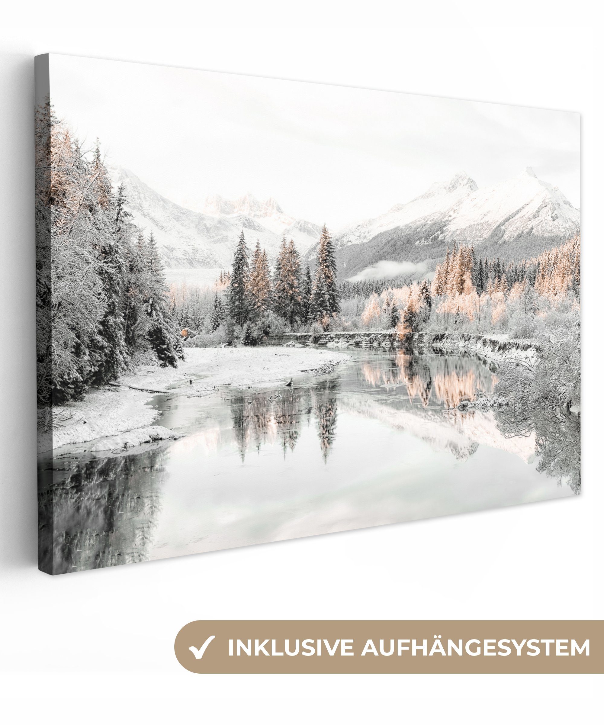 OneMillionCanvasses® Leinwandbild Natur - Winter - Bäume - Berge - Schnee, (1 St), Wandbild Leinwandbilder, Aufhängefertig, Wanddeko, 30x20 cm