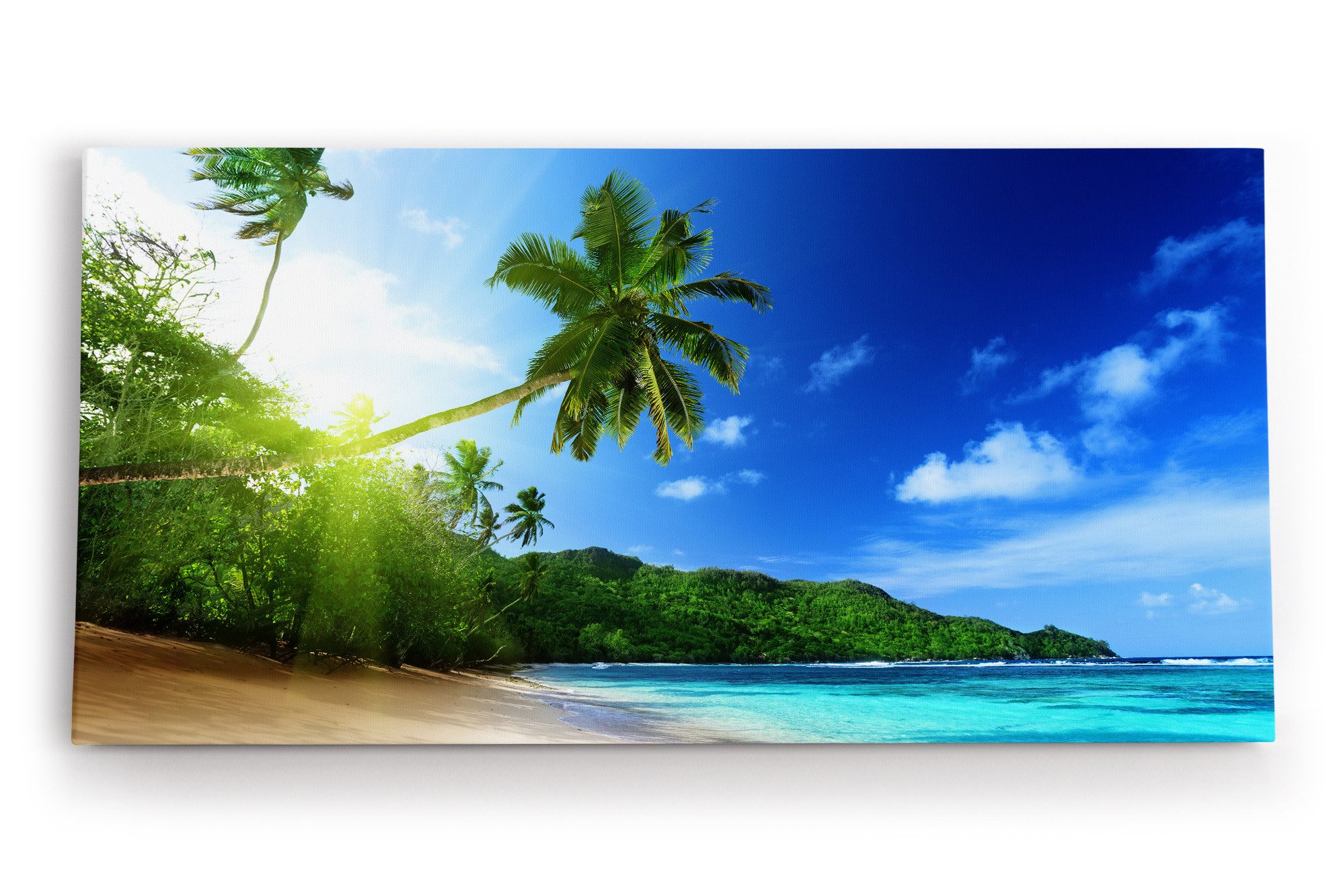 Leinwandbild Palmen Strand Meer Karibik Paradies Himmel Blau