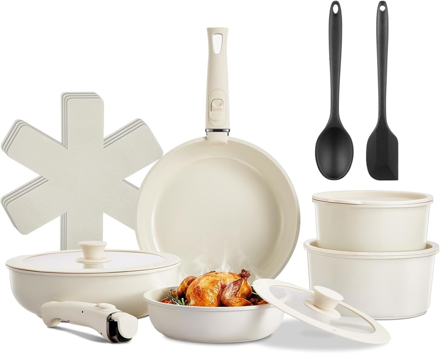 FOHERE Topf-Set Kochgeschirr-Set mit abnehmbaren Griff, Keramik (Set, 17-tlg), für alle Herdarten, mit stapelbarem Design