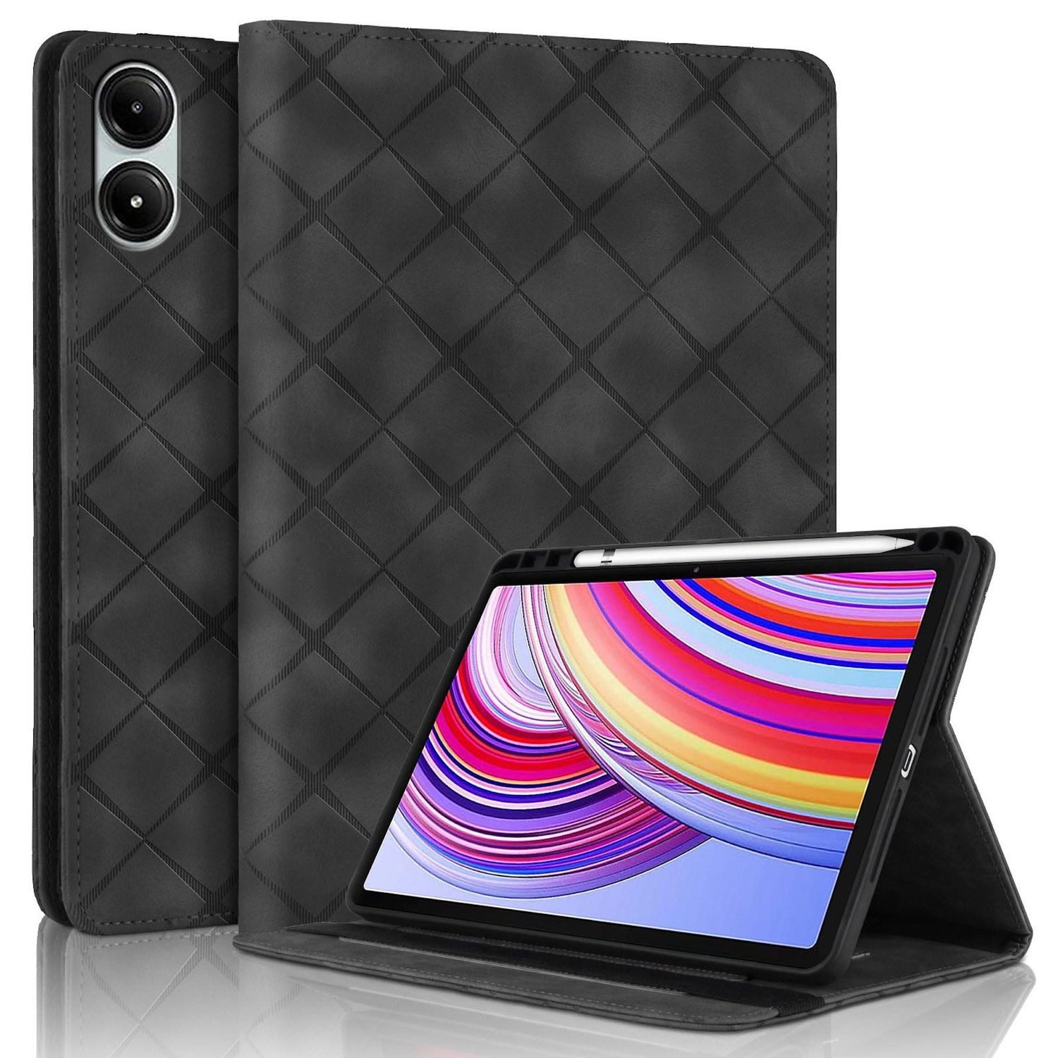 Wigento Tablet-Hülle Für Xiaomi Redmi Pad Pro 12.1 Rhombus Muster Kunstleder Tasche Schwarz, Faltbare Kunstleder Hülle mit Stifthalter und Standfunktion