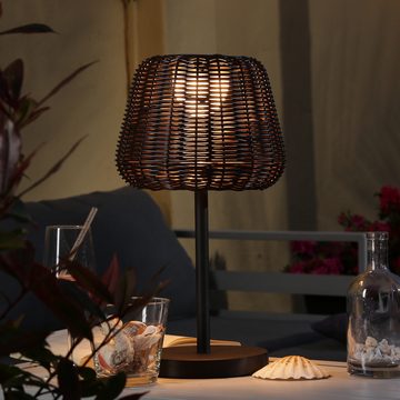MARELIDA LED Außen-Tischleuchte LED Garten Tischlampe Korboptik Rattanoptik dimmbar aufladbar Fernb., LED Classic, warmweiß (2100K bis 3000K)