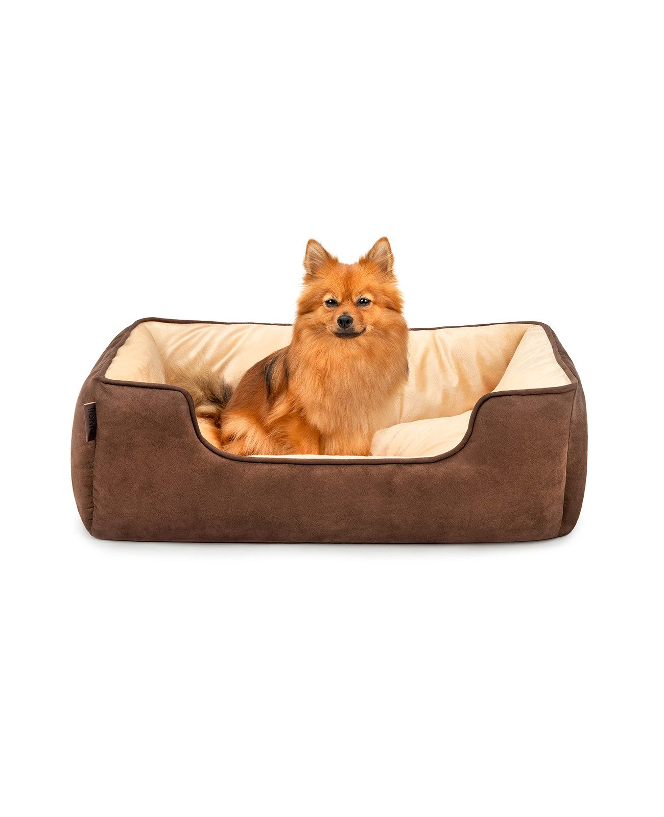 lionto Tierkissen 2-in-1, weich gepolstert & pflegeleicht, 80x60 cm, braun/beige, Wildlederimitat, Wendekörbchen mit tiefem Einstieg