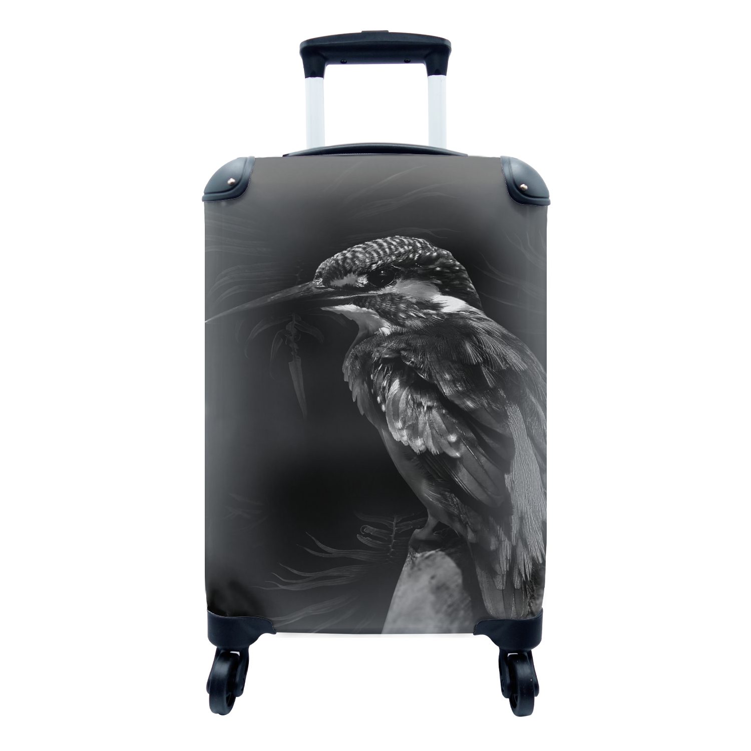 MuchoWow Handgepäckkoffer Vogel auf einem Zweig vor schwarzem Hintergrund - schwarz und weiß, 4 Rollen, Reisetasche mit rollen, Handgepäck für Ferien, Trolley, Reisekoffer