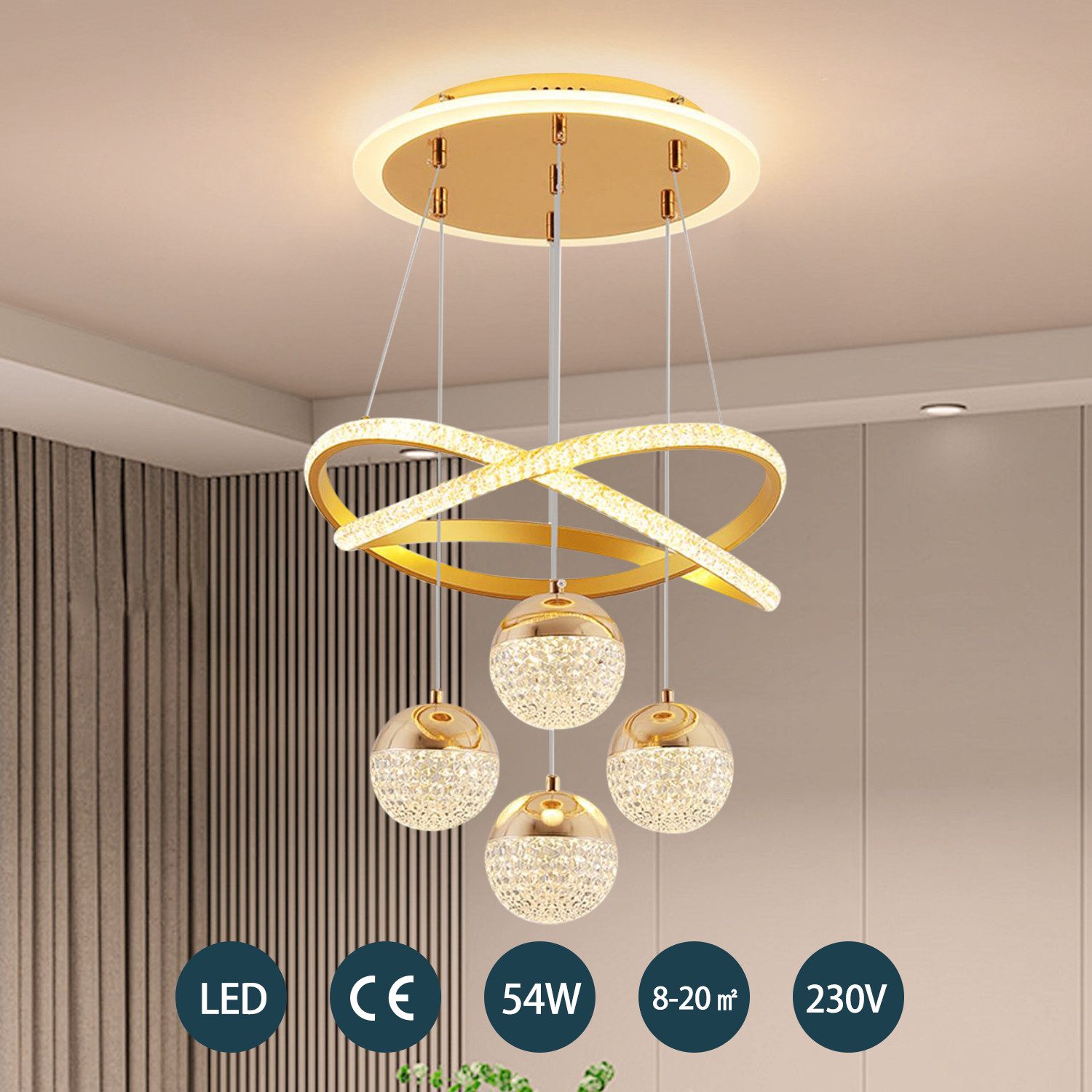 JDONG Pendelleuchte Dimmbar mit Fernbedienung 54W LED Pendellampe, 100CM Höhenverstellbar, Kronleuchter Kristall, Für Wohnzimmer Schlafzimmer Arbeitszimmer Büro – Bild 3 von 5