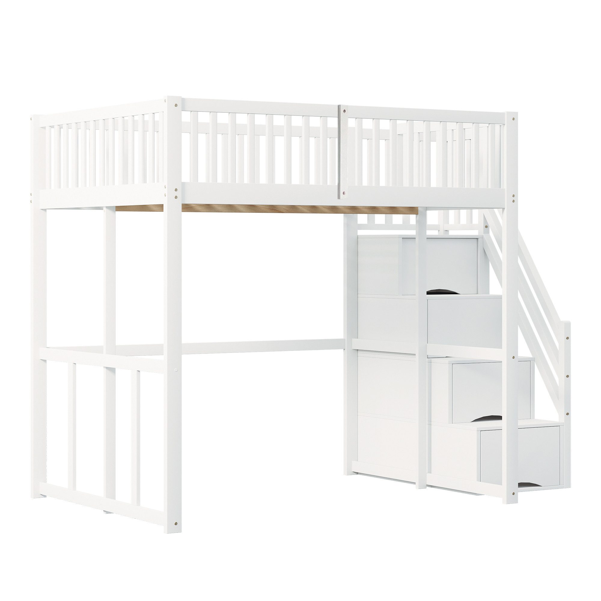Flieks Hochbett Massivholz Kinderbett Einzelbett 140x200cm mit Stauraumtreppe