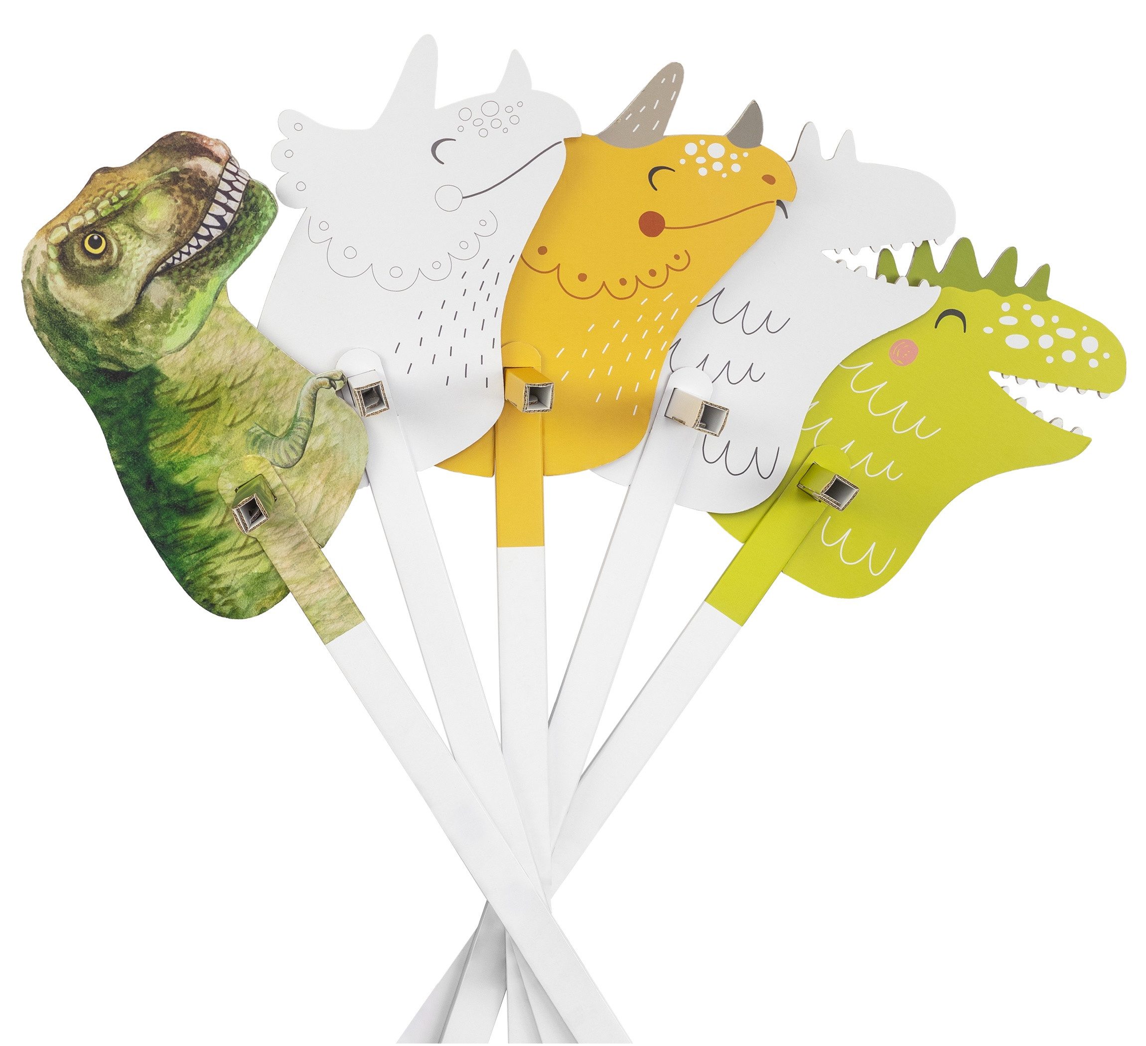 FOLDZILLA Steckenpferd Stockpferd 5er Set Dinos, (1-tlg., 5 Hobby Horses aus Pappe), T-Rex, Stegosaurus, Triceratops, 2x zum Ausmalen für Kindergeburtstag