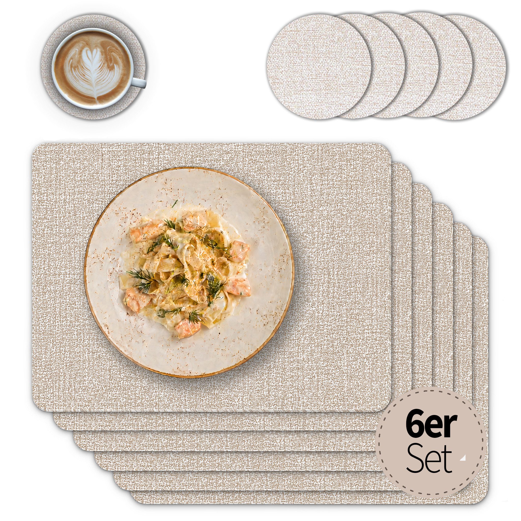 matches21 HOME & HOBBY Platzset Tischsets mit Glasuntersetzer 6er Set Beige Leinen Stoff-Optik, (6-St), Abwaschbare hitzebeständige PVC Platzsets
