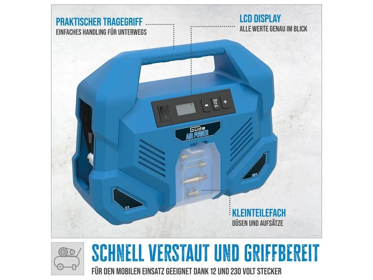 Güde Kompressor Dual Drive 12/230V/5-tlg., max. 8 bar, Set, 8 bar max. Betriebsdruck, 110 W Motorleistung
