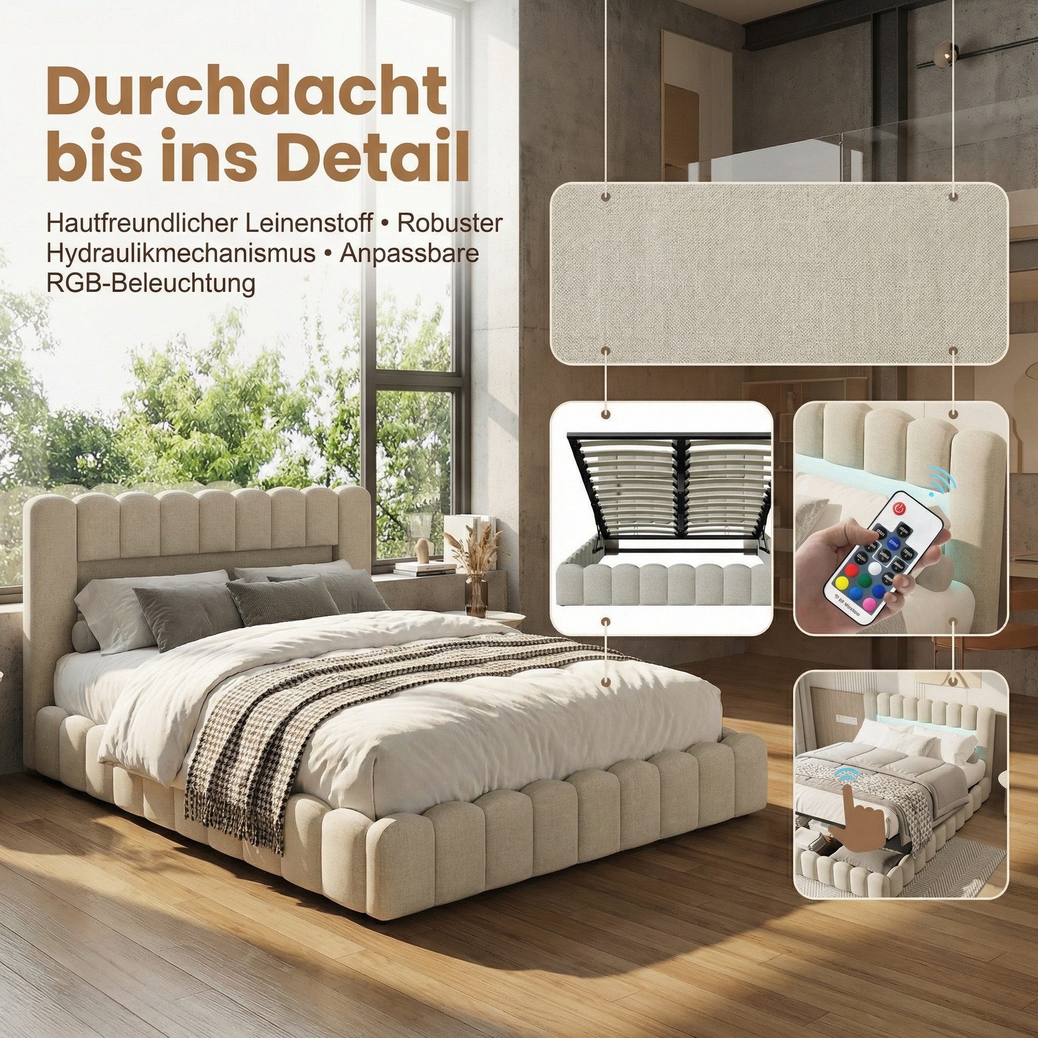 PXloue Polsterbett Doppelbett Jugendbett (ohne Matratze), Stauraumbett, Bettkasten, LED-Beleuchtung, USB-Anschluss, 140x200 cm – Bild 5 von 5