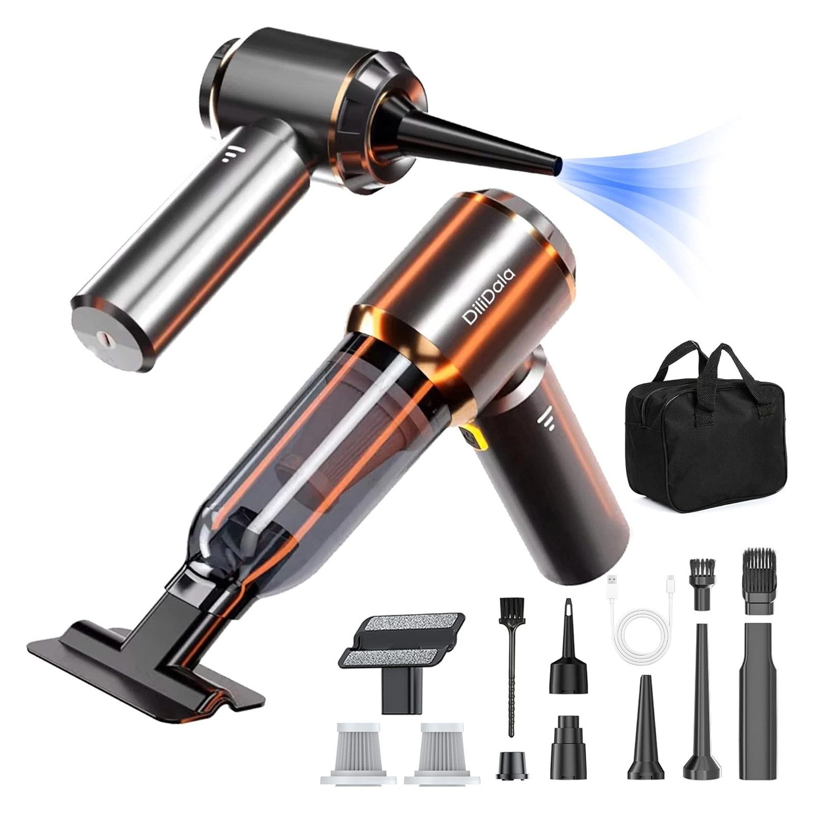 DiliDala Akku-Handstaubsauger 26000Pa, Upgrade-Schnellladung, 3-Stufen & Bürstenloser Motor, mit Beutel, Kompakt Kabellos für Auto Haushalt, HEPA-Filter