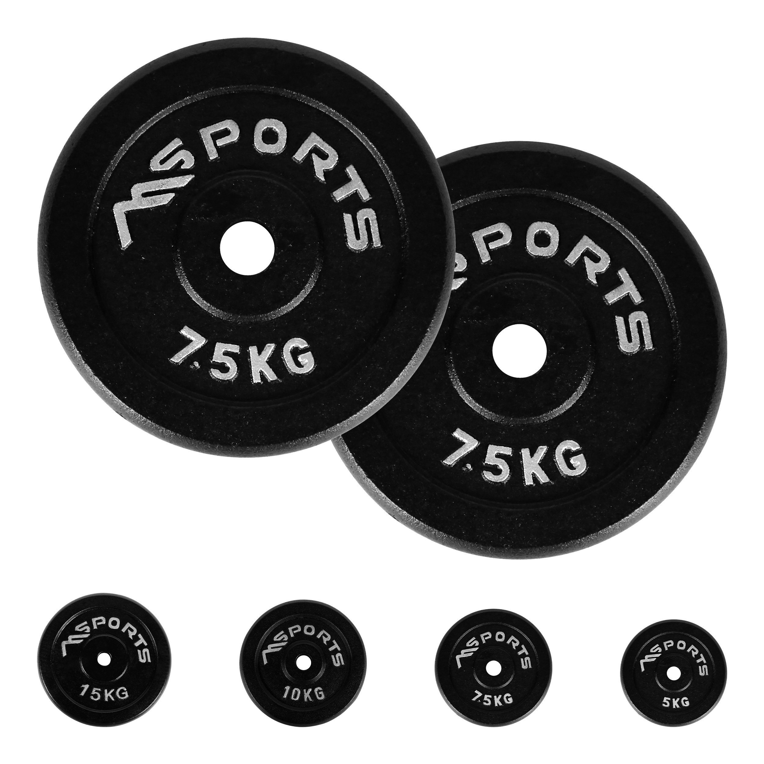MSports® Hantelscheiben Hantelscheiben Paar aus 100% Gusseisen 5-30 kg Hantel, (2 x 7,5 kg - Schwarz)