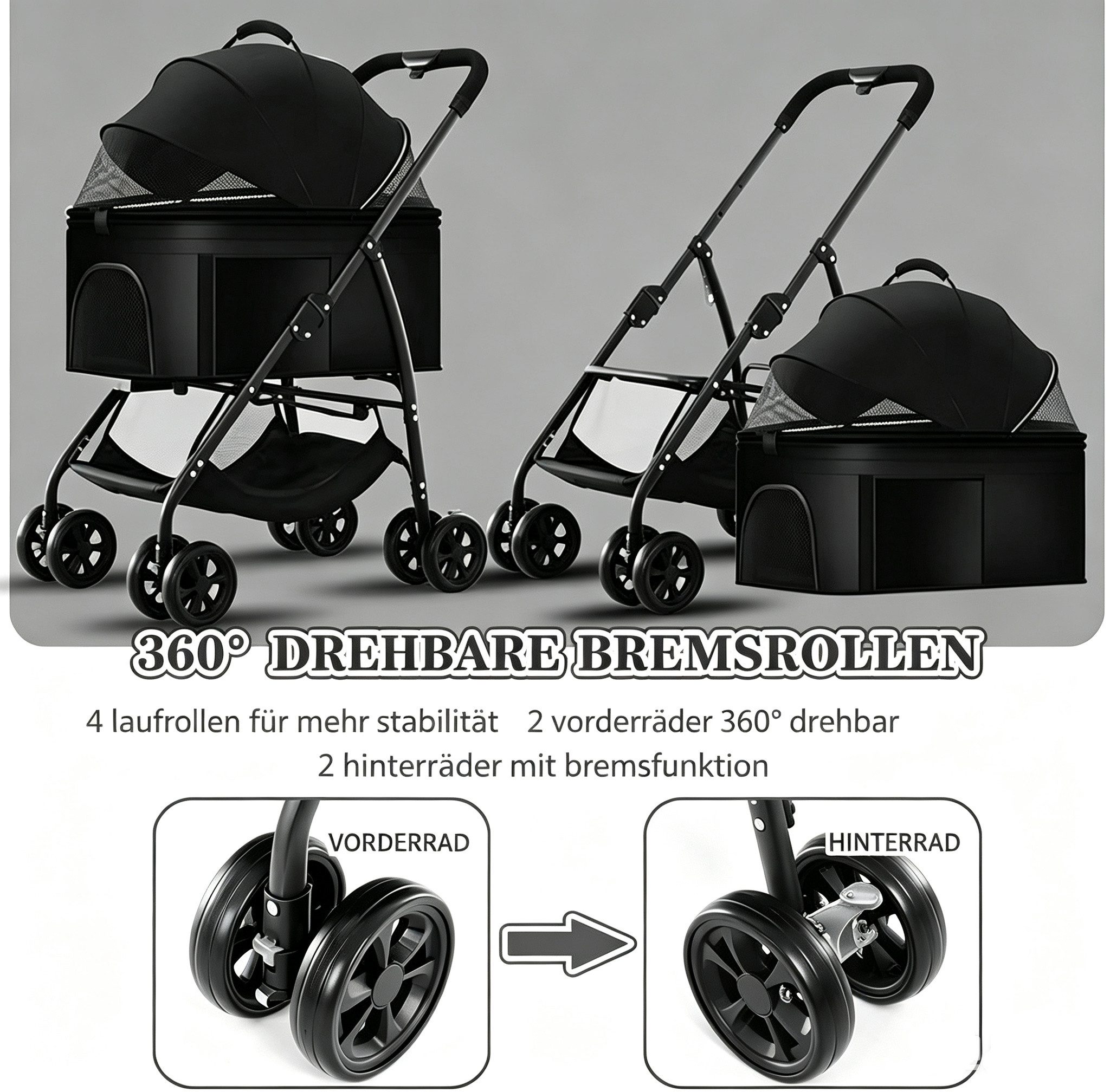 OYLCDI Hundebuggy 2-in-1 Hundebuggy mit abnehmbarer Transportwanne,bis 40 kg, (faltbarer Haustierwagen mit 360°-Schwenkrädern,Mit belüftetem Netzfenster), ideal – Bild 3 von 5