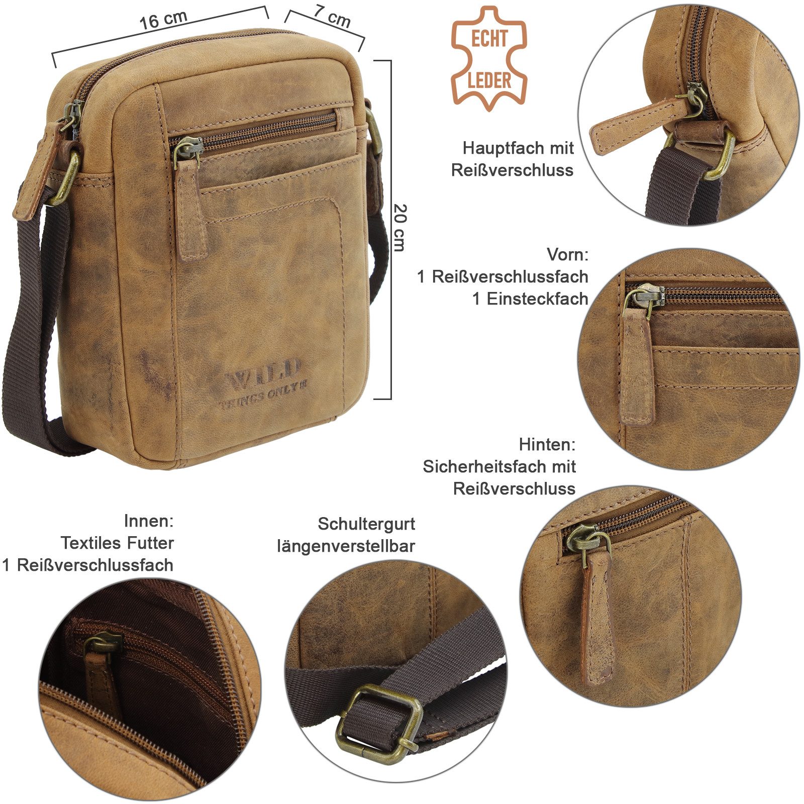 Wild Things Only !!! Schultertasche Kleiner Herren Messenger Bag Antik Leder Umhängetasche, echt Leder