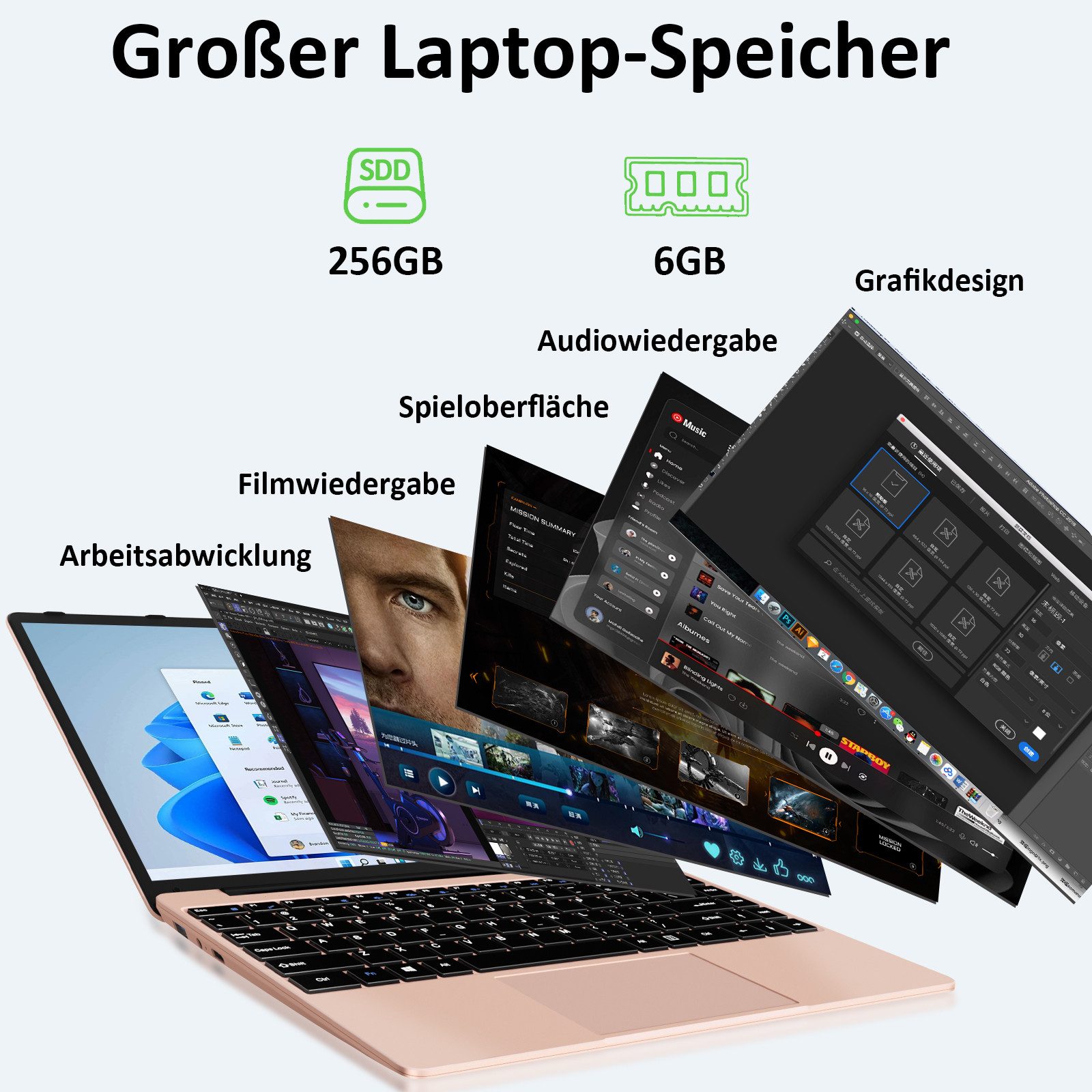 bvate Laptop, 14 Zoll, N4020, 6GB RAM, 256GB SSD Notebook Notebook (35 cm/14 Zoll, Celeron N4020 N4020 Celeron N4020, Celeron N4020, 6 GB, 256 GB SSD, 180° Drehung/Low Blue Light-Zertifizierung/Deutsche Tastaturaufkleber) goldfarben