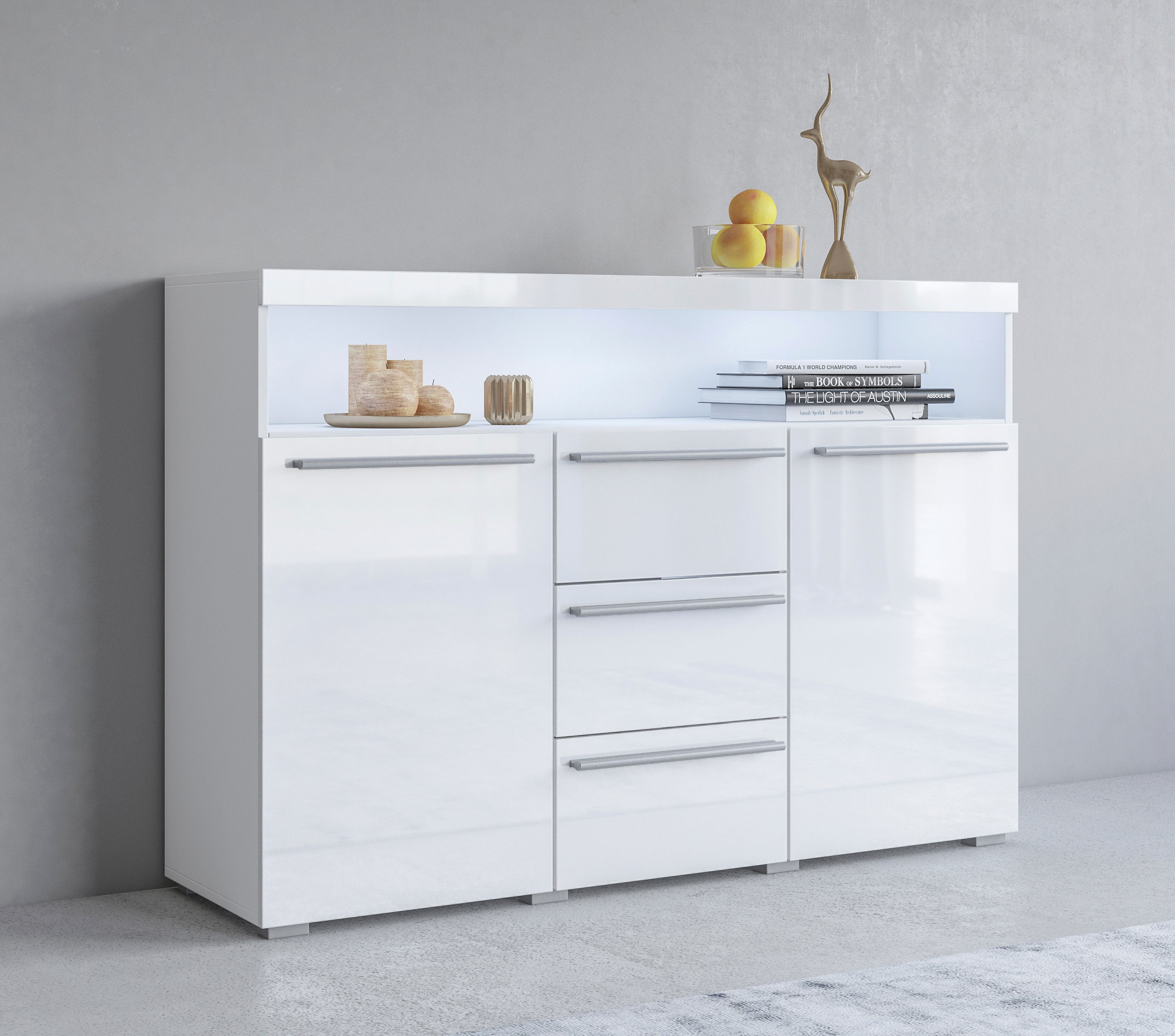 INOSIGN Sideboard India,Breite 132cm stilvolle Anrichte mit 2Türen, 3 Schubladen, Kommode viel Stauraum, Einlegeböden verstellbar,ohne Beleuchtung