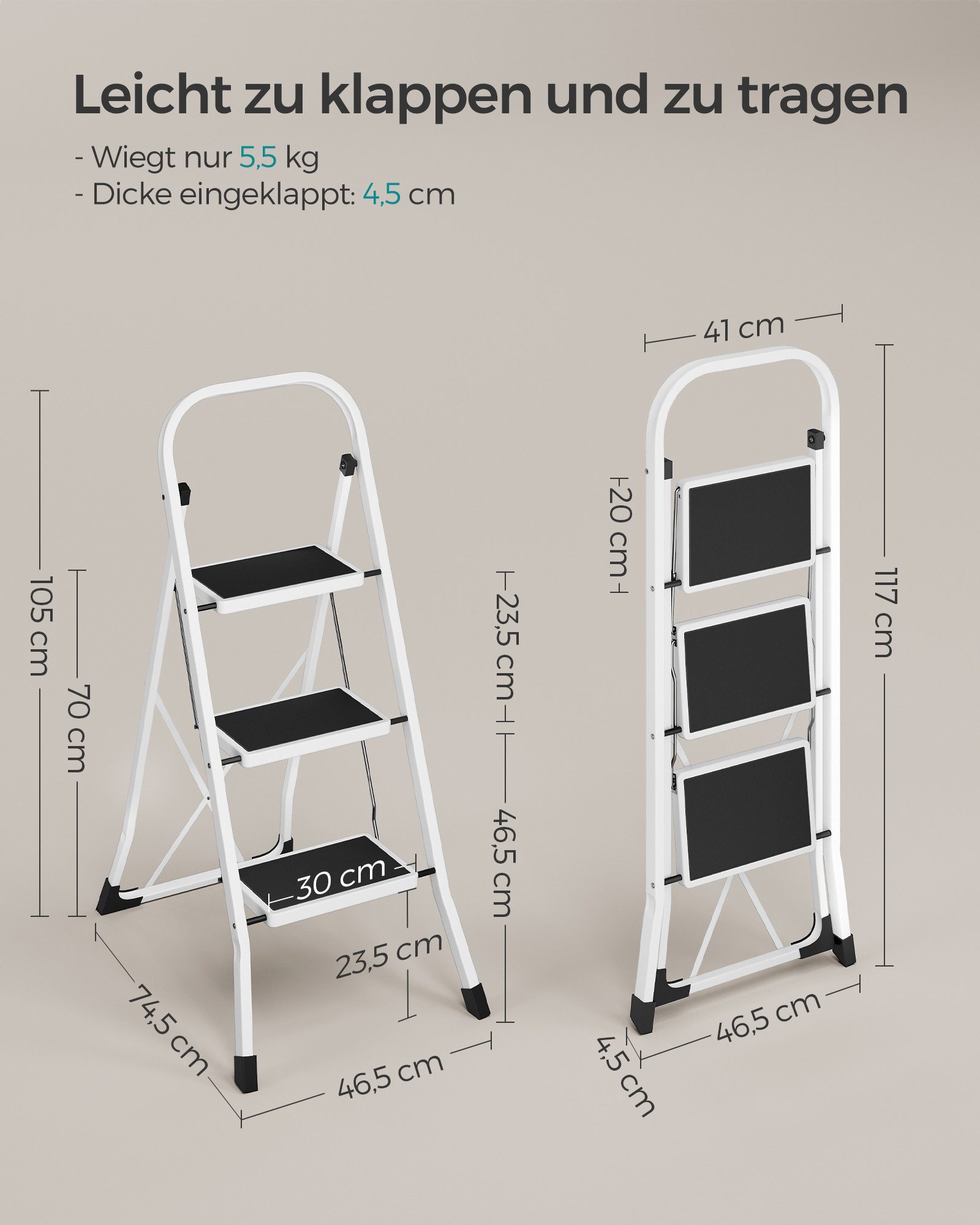 SONGMICS Trittleiter Leiter, Klappsicherung, einfach zu verstauen, bis 150 kg belastbar, mit 3 Stufen, Klapptritt, 74,5 x 46,5 x 105 cm (T x B x H)