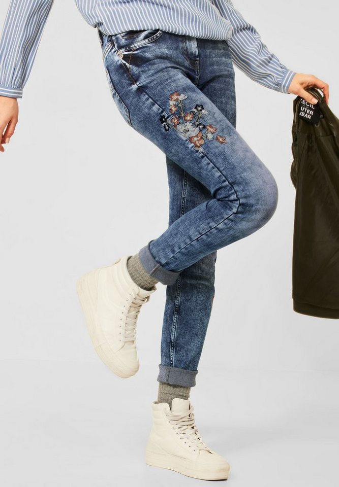 Cecil Slim-fit-Jeans Cecil Slim Fit Jeans mit Stickerei in Mid Blue Use (1- tlg) Taschen