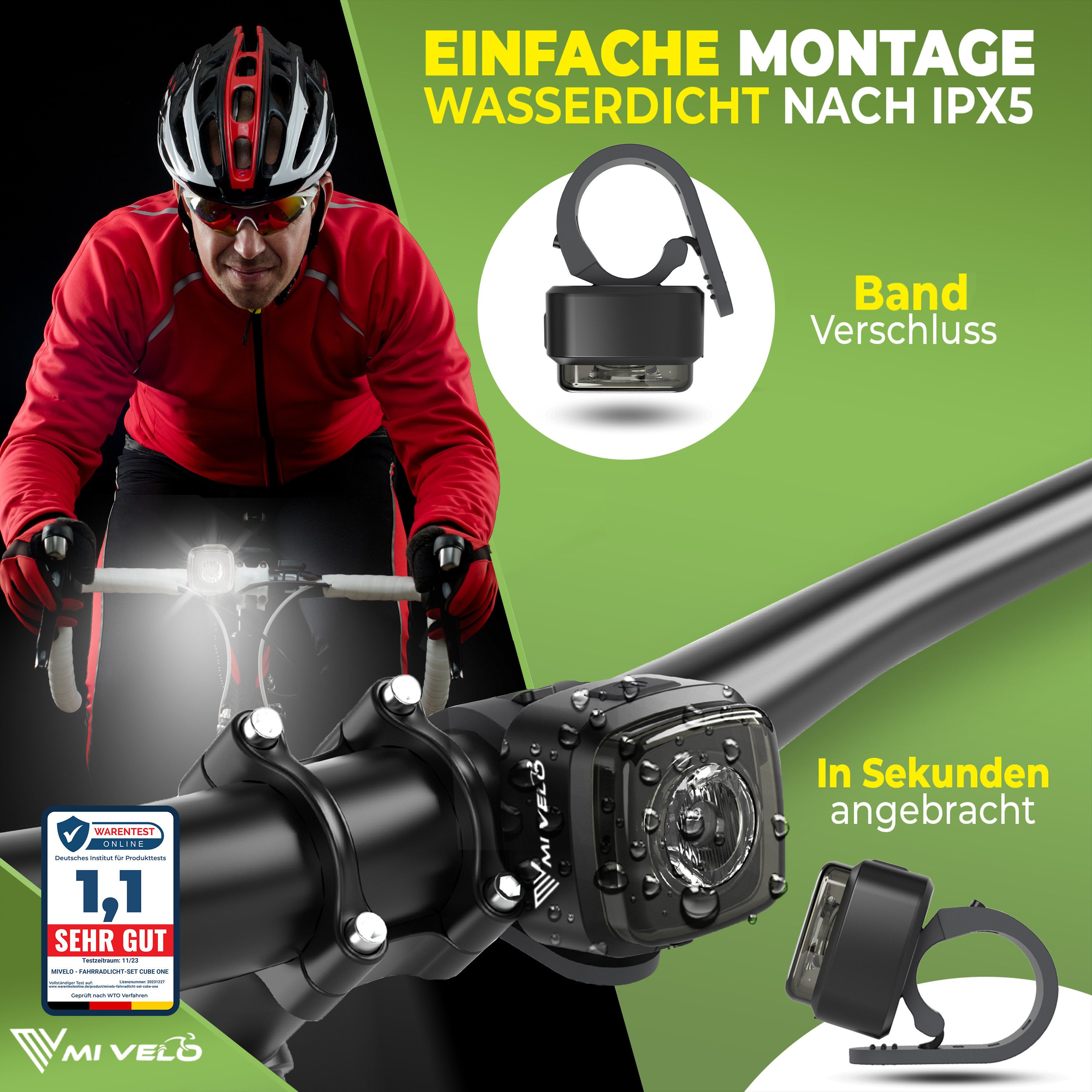 MIVELO Fahrradbeleuchtung CUBE Fahrradlicht Set LED - Akku USB aufladbar wasserdicht, OSRAM LED