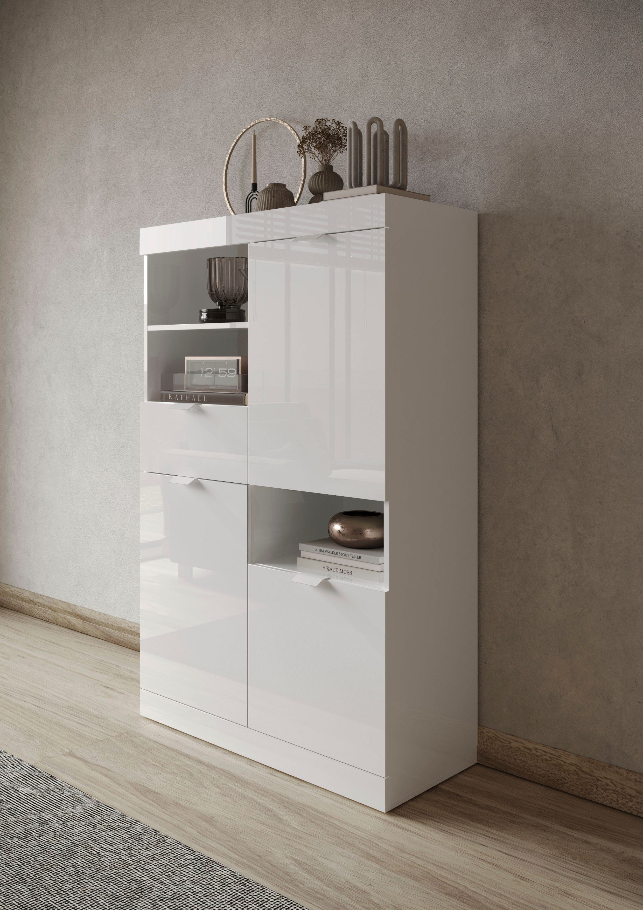 LC Breite Hochglanz Lack 91 Highboard cm, weiß Slim,