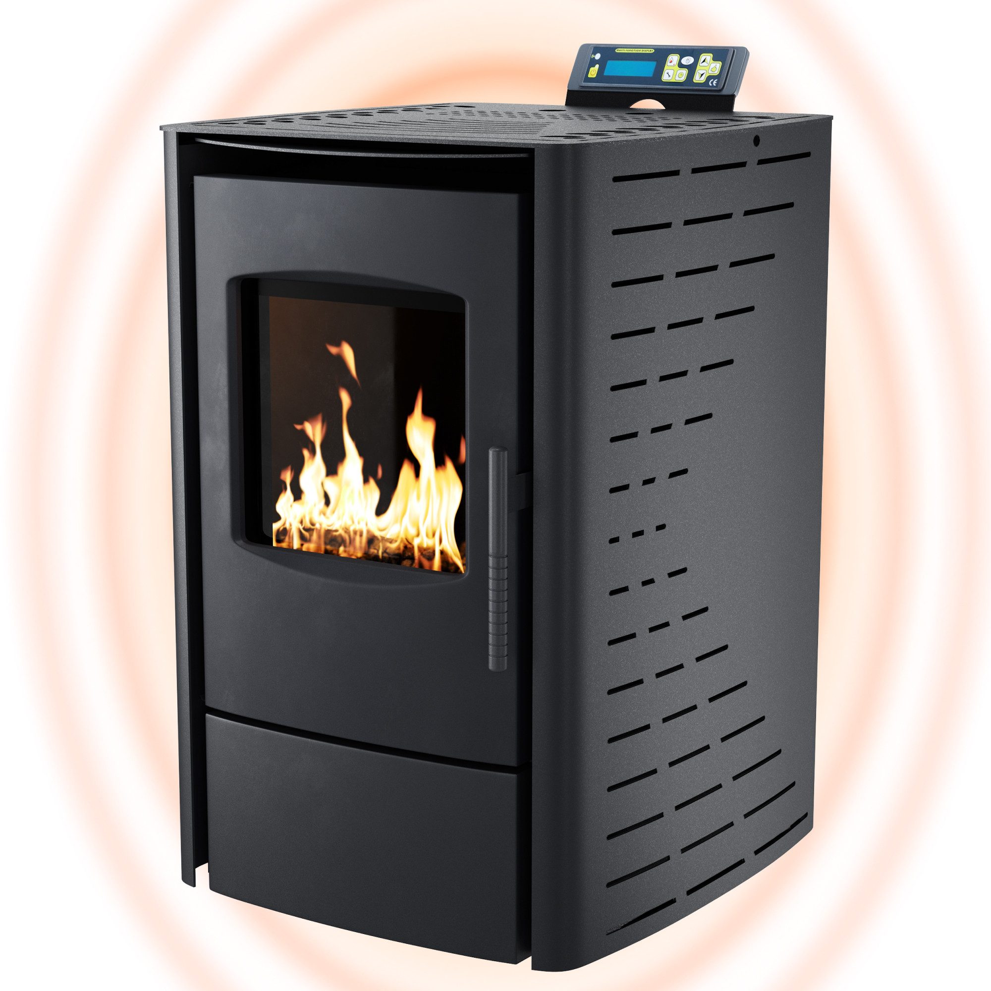 NEMAXX Pelletofen P6 / P9 / P12, 3–13,6 kW, A+, bis 300 m³, Fernbedienung & Wochentimer, (3 Größen: P6 6 kW, P9 11 kW, P12 13,6 kW – in Schwarz, Rot oder Weiß, Fernbedienung, Wochenprogramm & ECO-Modus: Wärme genau nach Bedarf), Auto-Zündung, Reinigungszyklus, Werte innerhalb 1. BImSchV Stufe 2