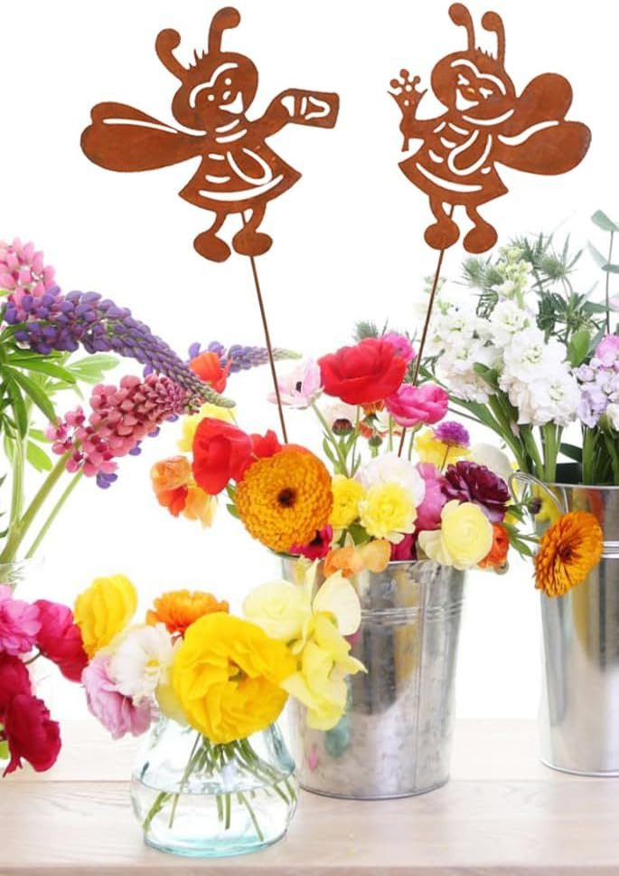 Teichfigur 2er SET Gartendeko Rost Metall Biene Figur Deko Beetstecker
