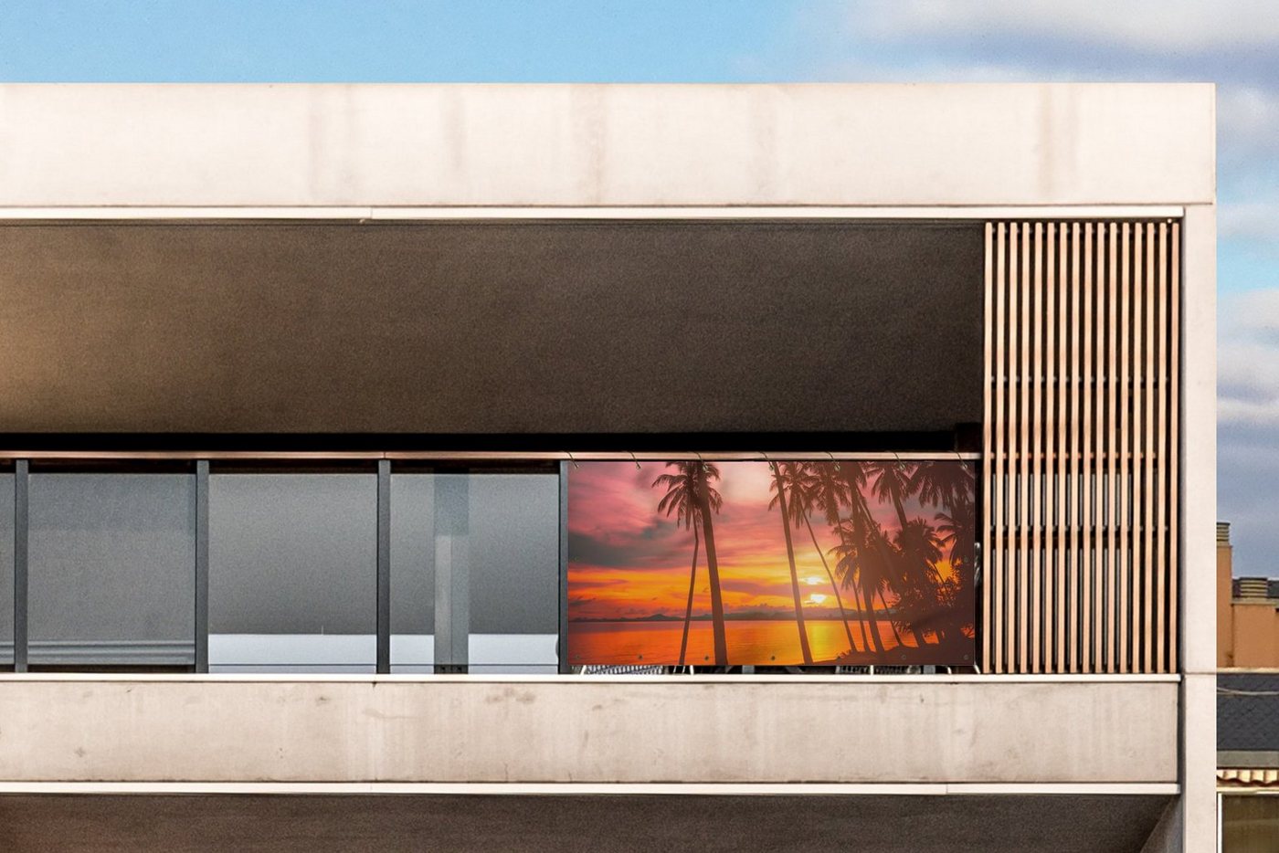 Thumbnail - MuchoWow Balkonsichtschutz Meer - Palme - Sonnenuntergang - Strand - Silhouette (1-St) Balkon Sichtschutz 90x200, Windsc...