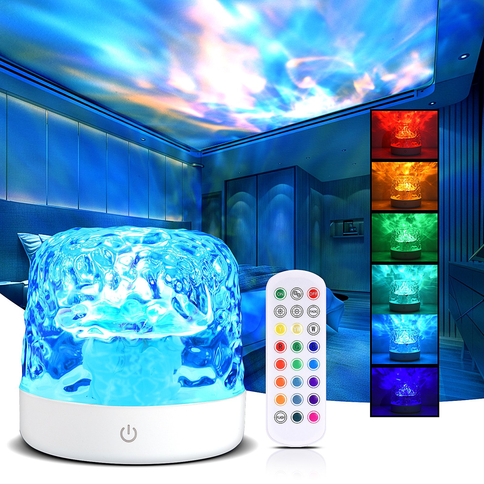 Wootoy Nachtlicht LED Nachtleuchte Nachttischlampe dekorative Stimmungsleuchte, 5 Helligkeitsstufen einstellbar inklusive Fernbedienung, LED fest integriert, Warmes Licht, Wasserwellen-Design Projektor mit 16 Farben