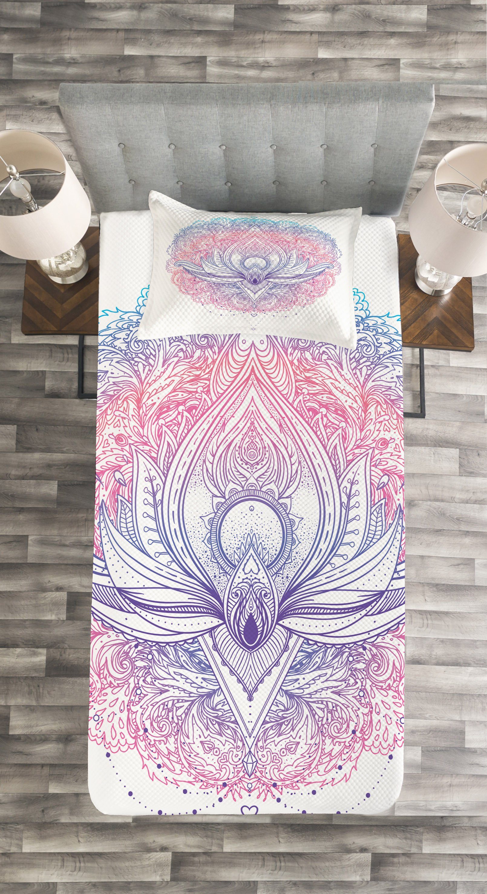 Tagesdecke Set mit Kissenbezügen Waschbar, abstrakte Lotus Regenbogen-Mandala Abakuhaus