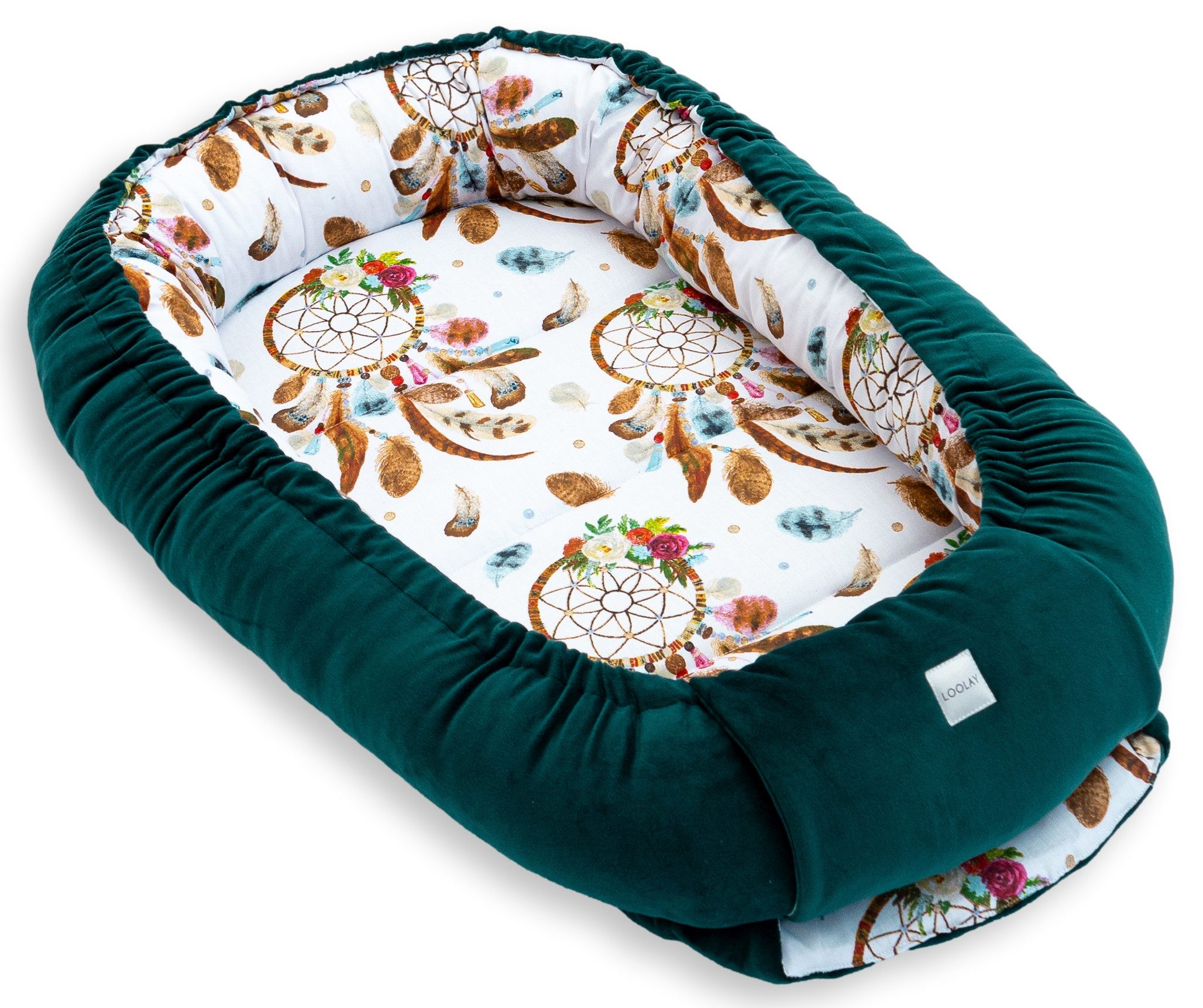 Loolay Kuschelnest BABYNEST SOLO Premium Babyausstattung - Baumwolle & Samt Velours, (MUSTER: GRÜN Samt Velour/ Traumfänger BOHO, 1-tlg., Liebevoll handgefertigt Nestchen! Geborgenheit Komfort für Neugeborene), Premium Ausstattung - 100% Europäische Stoffe und Kleinserien-Nähen!