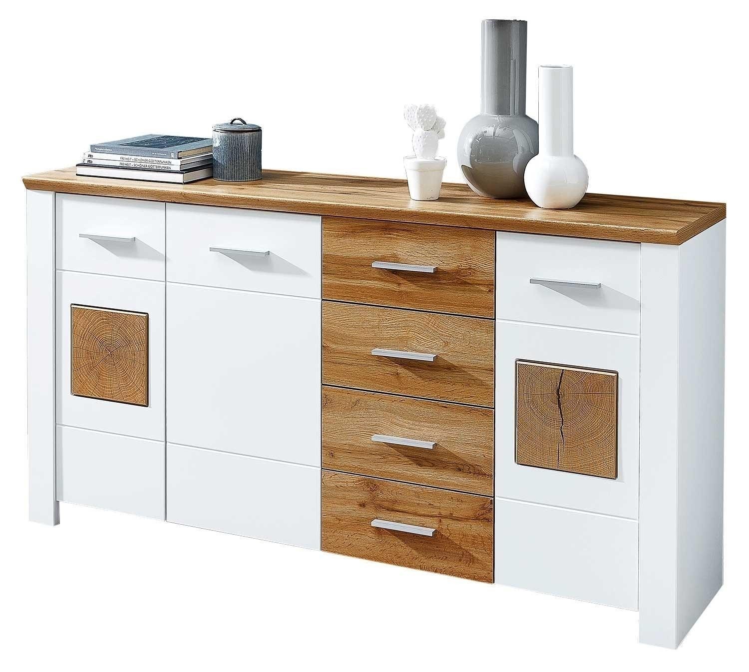 Vito Sideboard MATERIO, B 164 x H 86 cm, Weiß matt, Eiche Altholz Dekor, 3 Türen und 4 Schubladen