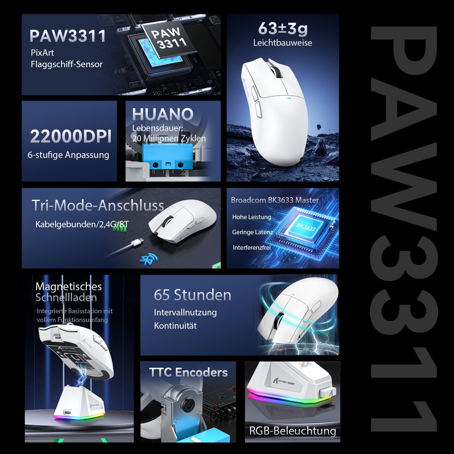 ATTACK SHARK X11 Kabellose Gaming-Maus mit Magnetischer Ladestation Gaming-Maus (Bluetooth, kabelgebunden, 2.4G, 22000 dpi) – Bild 5 von 5