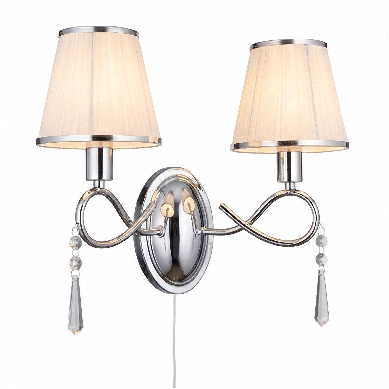 Licht-Erlebnisse Wandleuchte SIMPLICITY, ohne Leuchtmittel, Chrom Weiß E14 B:36 cm 2 flammig Stoff Glas Zugschalter