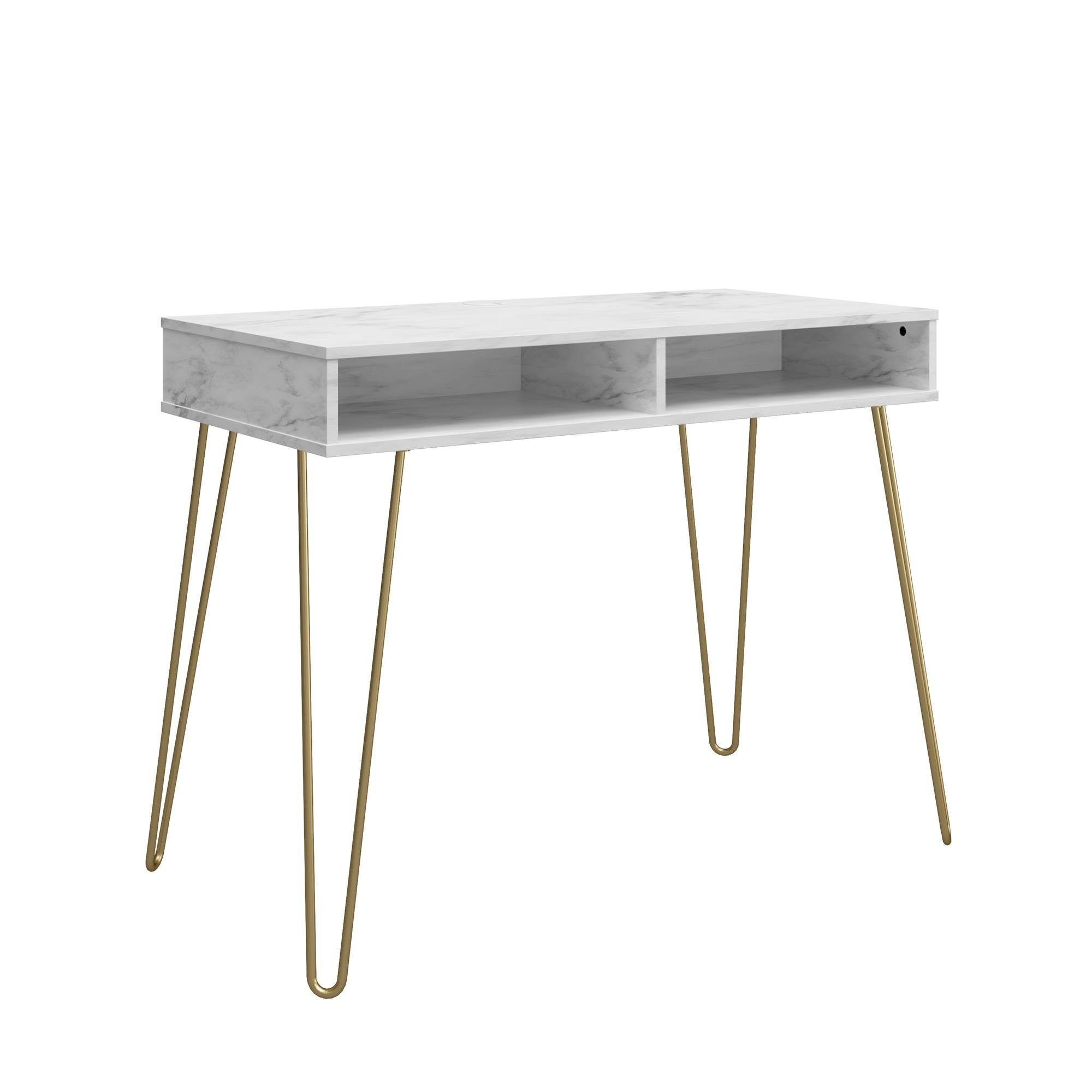loft24 Schreibtisch Athena, 2 offene Fächer, Metallgestell Hairpin, Breite 103 cm goldfarben | weiß | Schreibtische