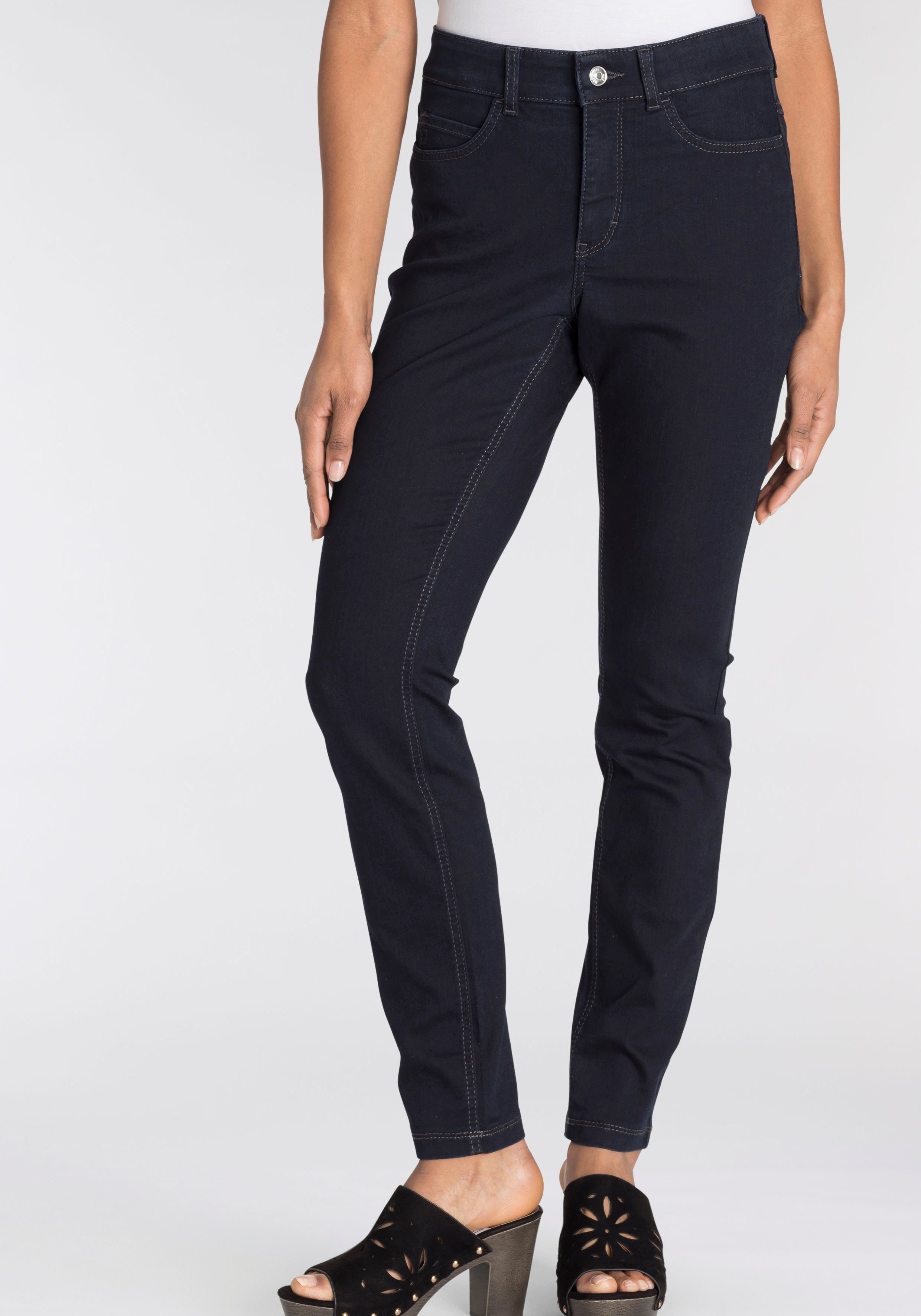 dark Skinny-fit-Jeans sitzt Hiperstretch-Skinny MAC blue Qualität ganzen Power-Stretch bequem rinsed Tag den