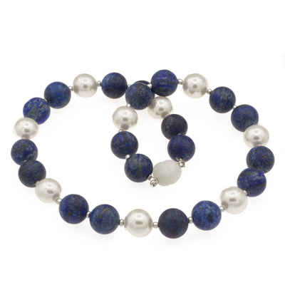 Bella Carina Perlenkette Kette mit großen Lapislazuli Perlen matt und glänzenden hellen Perlen, mit Lapislazuli und Zuchtperlen-Imitat Perlen
