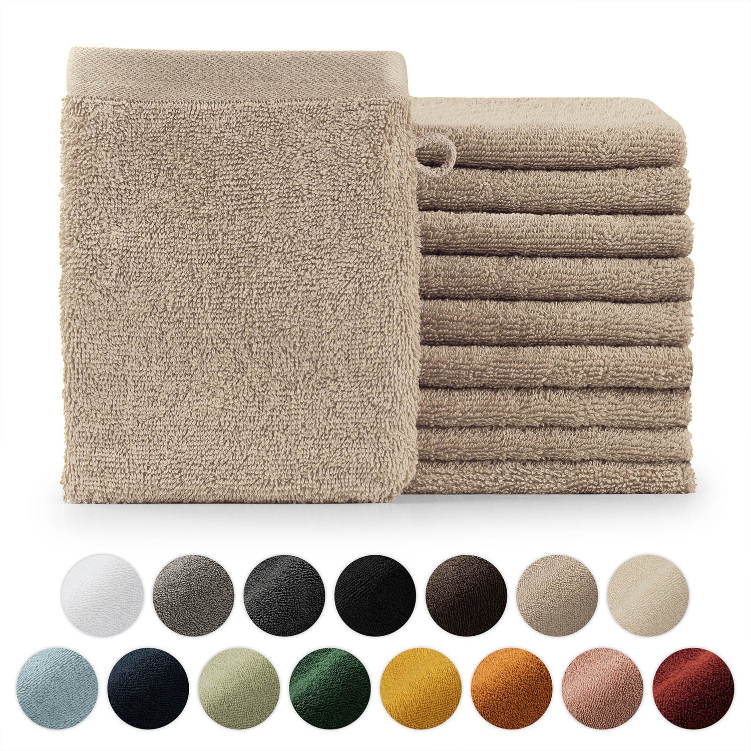 Blumtal Waschhandschuh 10er Set Frottee Waschlappen 15x20 cm - weich und saugstark (Set, 10tlg), mit modischer Bordüre und praktischer Aufhängeschlaufe, 100% Baumwolle Taupe