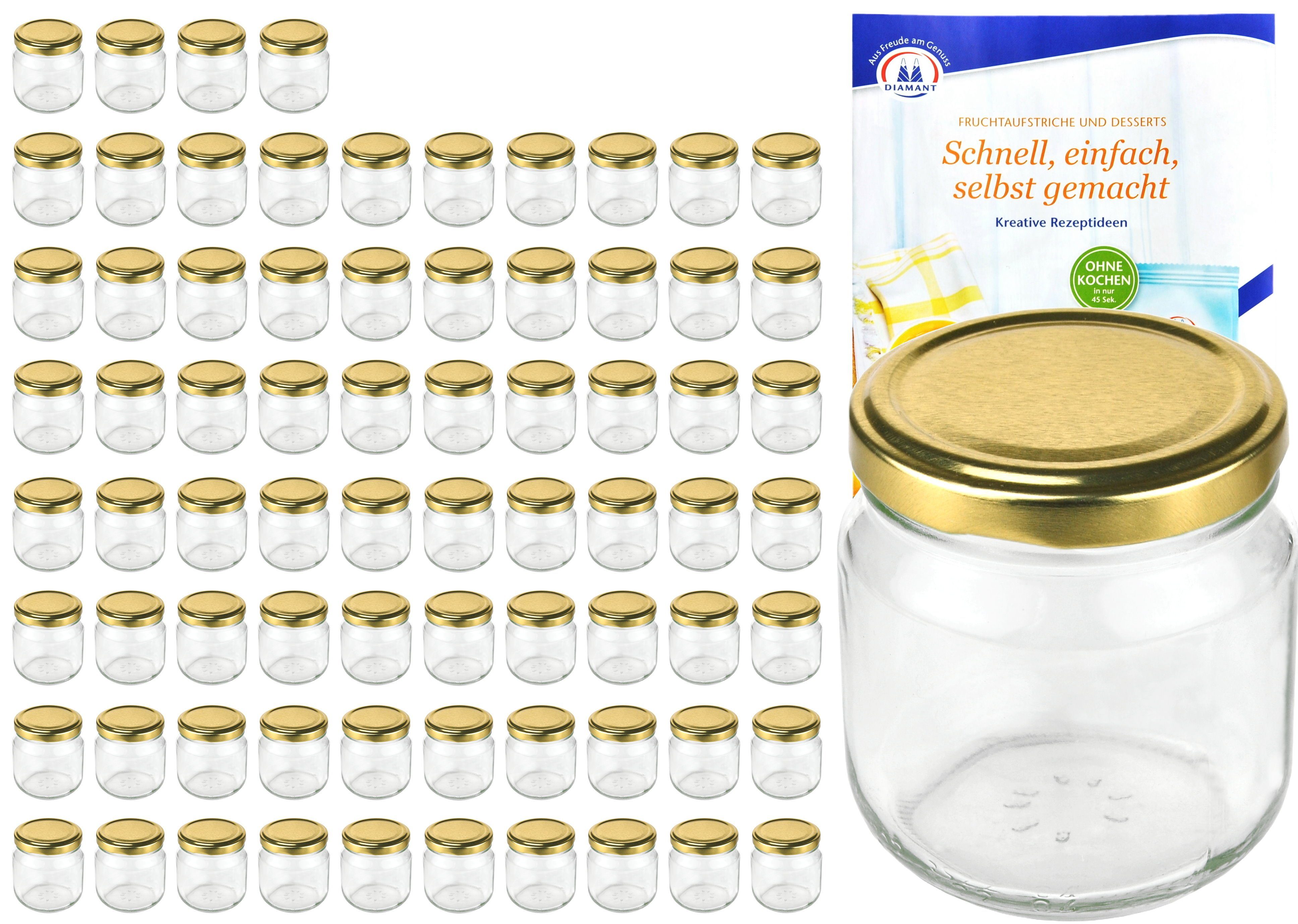 MamboCat Einmachglas 75er Set Rundglas 212 ml nieder To 66 goldener Deckel incl. Rezeptheft, Glas