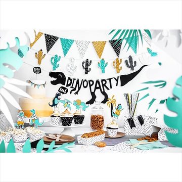 partydeco Pompon Süßigkeitenboxen - Dino Party, 6 Stück, weiß/schwa