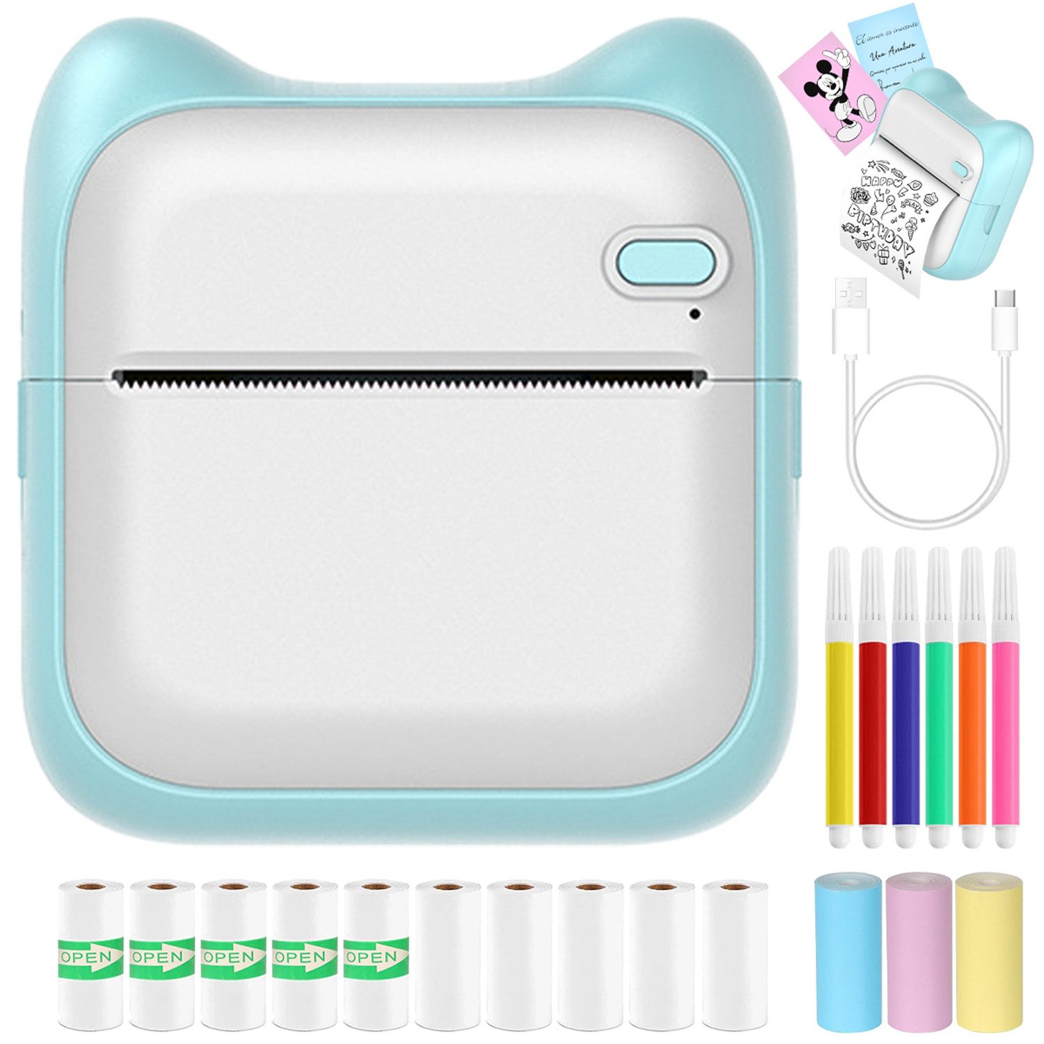 MOPUEA Mini-Thermodrucker 13 Rollen Papier+Buntstifte 200 DPI 10 mm/s 1000mAh Etikettendrucker, (Bluetooth-Verbindung, kein Tinte nötig, kompakt und leicht)