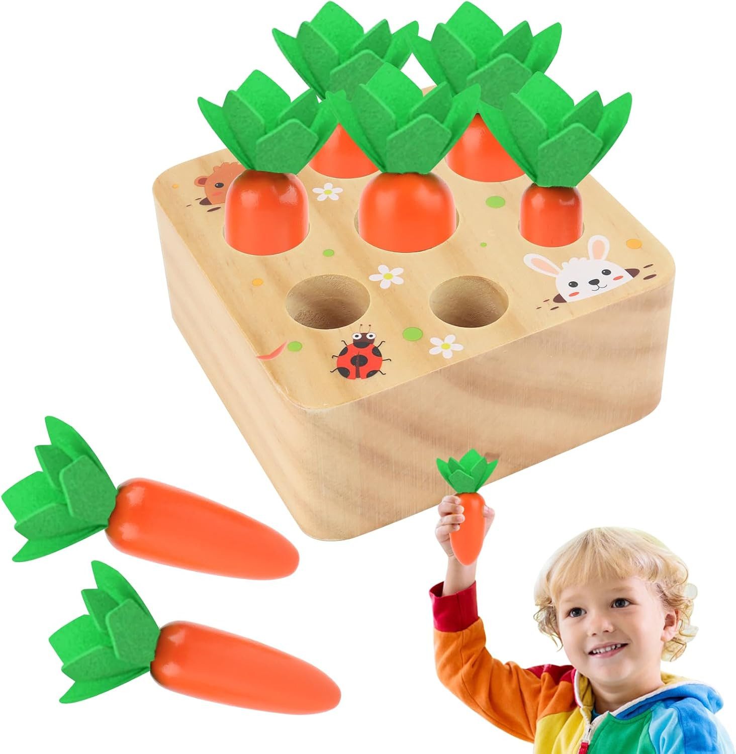 LaCute Lernspielzeug Holzspielzeug Karottenernte ab 18 Monaten – Montessori Sortierspiel (Holz-Sortierspielzeug für Kleinkinder, Holzspielzeug Karottenernte zur Förderung von Motorik und Sortieren), Montessori, Sortierspiel, Feinmotorik, Kiefernholz