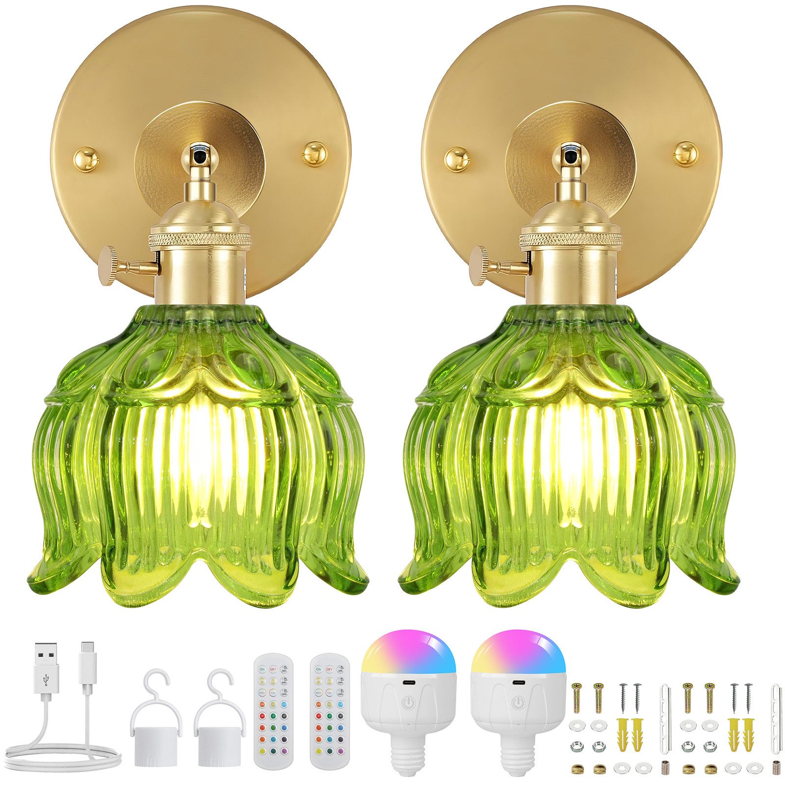 MUPOO Nachttischlampe Retro-Wandleuchte mit Floral Glasschirm, Akku E27 RGB Leuchtmittel, Wandbeleuchtung mit Fernbedienung, Timer, Grün