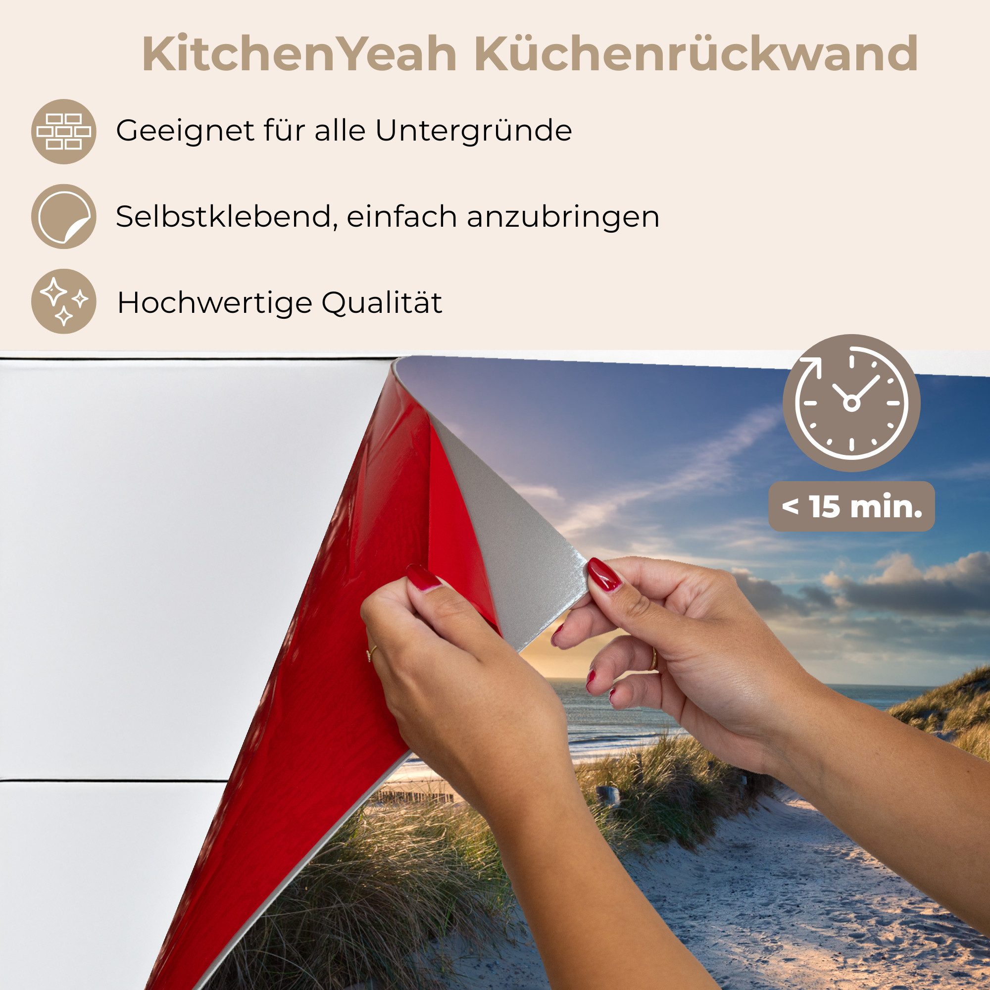KitchenYeah Küchenrückwand selbstklebend Sonnenuntergang - Strand - Düne - Gras - Bank, (1-tlg), Spritzschutz, Küche, Rückwand, Küchenwand, Küchenfront, 80x60 c – Bild 5 von 5