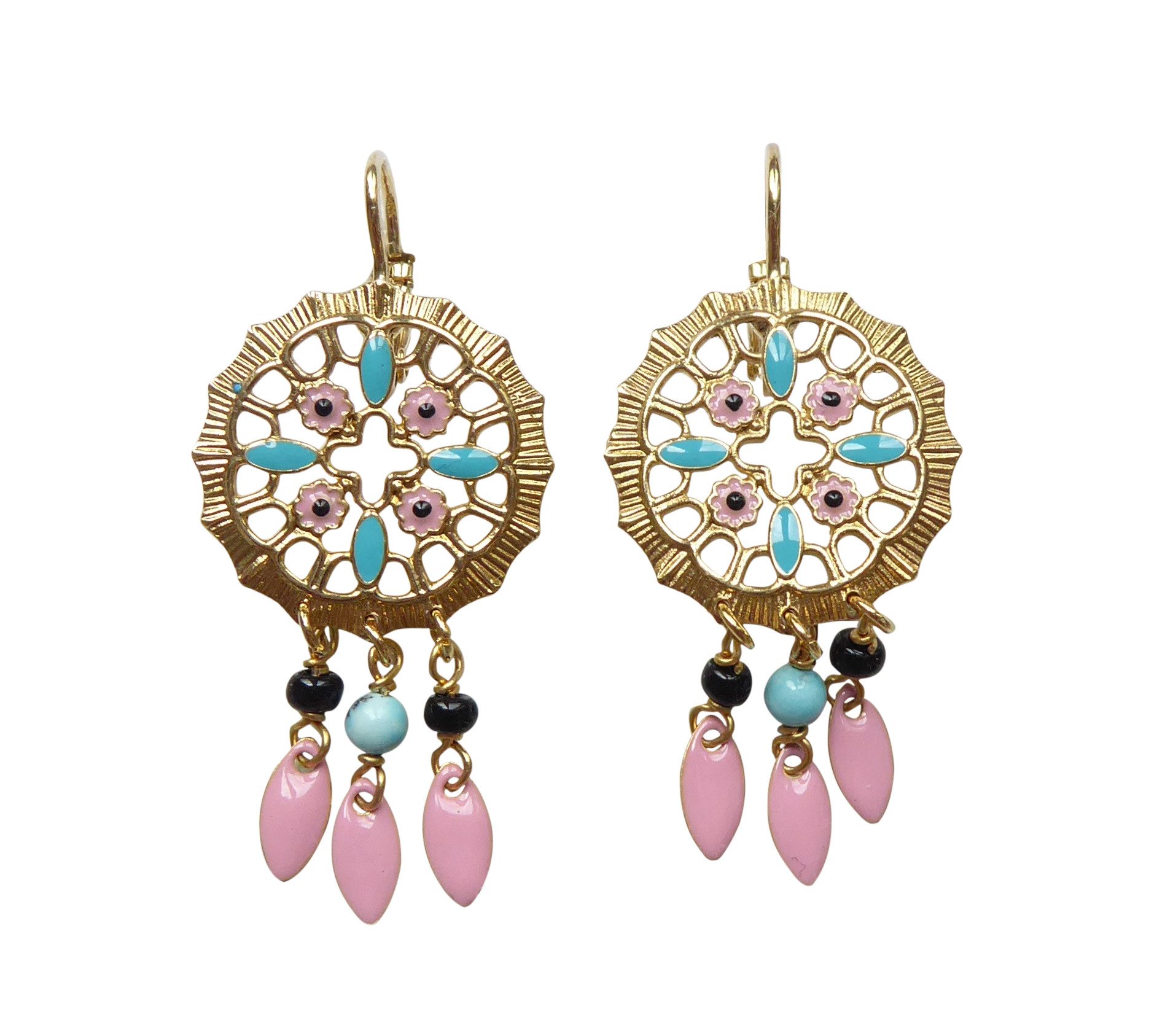 Mugello Paar Ohrhänger Lolita rosa Hippie-Stil Boho trendig Ibiza-Trend Folklore, Handarbeit aus Frankreich, Messing mit 18K-Vergoldung (750er-Gold)
