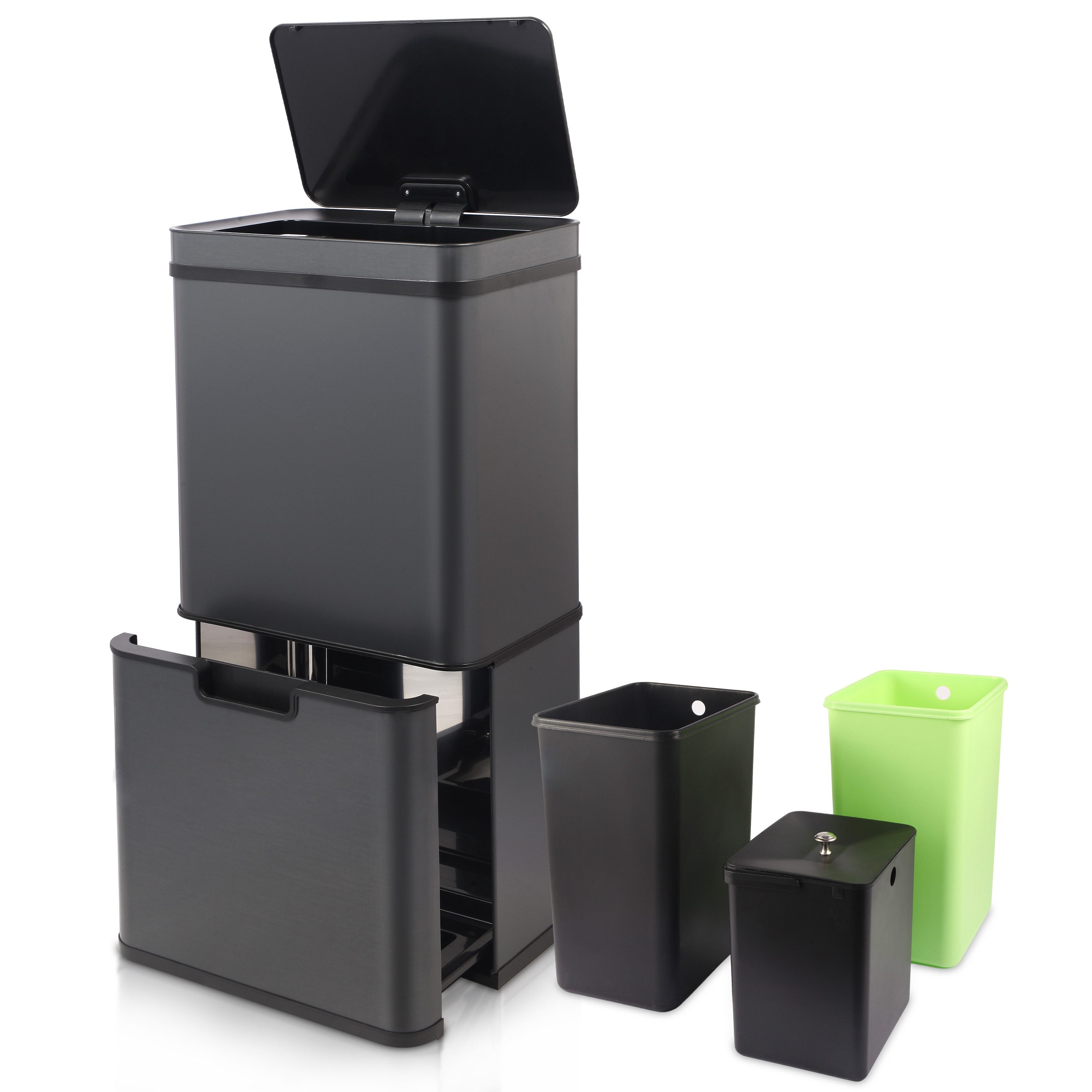 Ribelli Mülltrennsystem Sensor Mülleimer, 4 Fächer, Mülleimer Küche, 70L, Grau, Abfalleimer mit Sensor