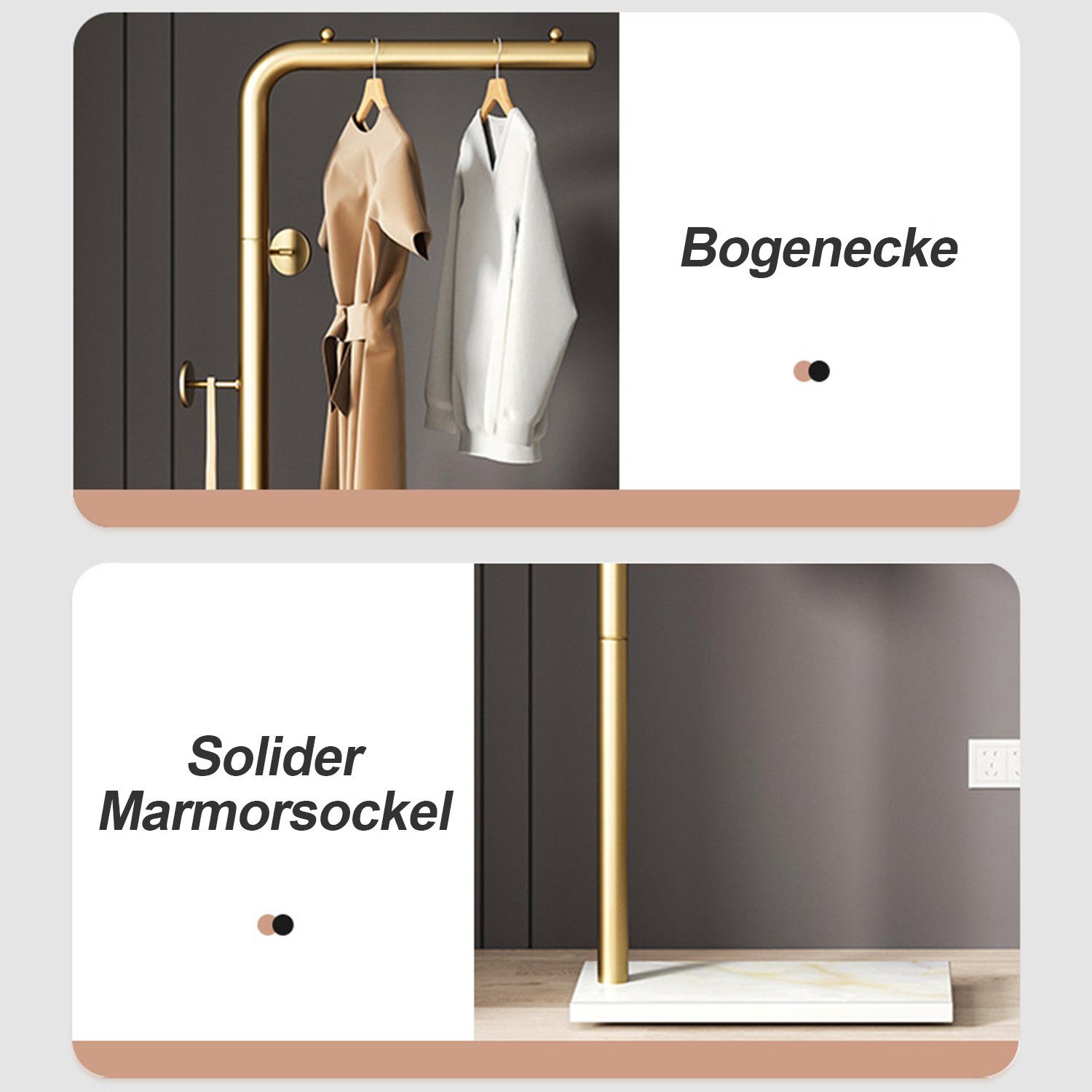 Vicbuy 3 Kleiderständer, mit Garderobenständer Freistehender Wohnzimmer, (mit Gold Metall), Haken, Schlafzimmer Kleiderständer aus Arbeitszimmer, Kleiderstange Marmor-Grundplatte,