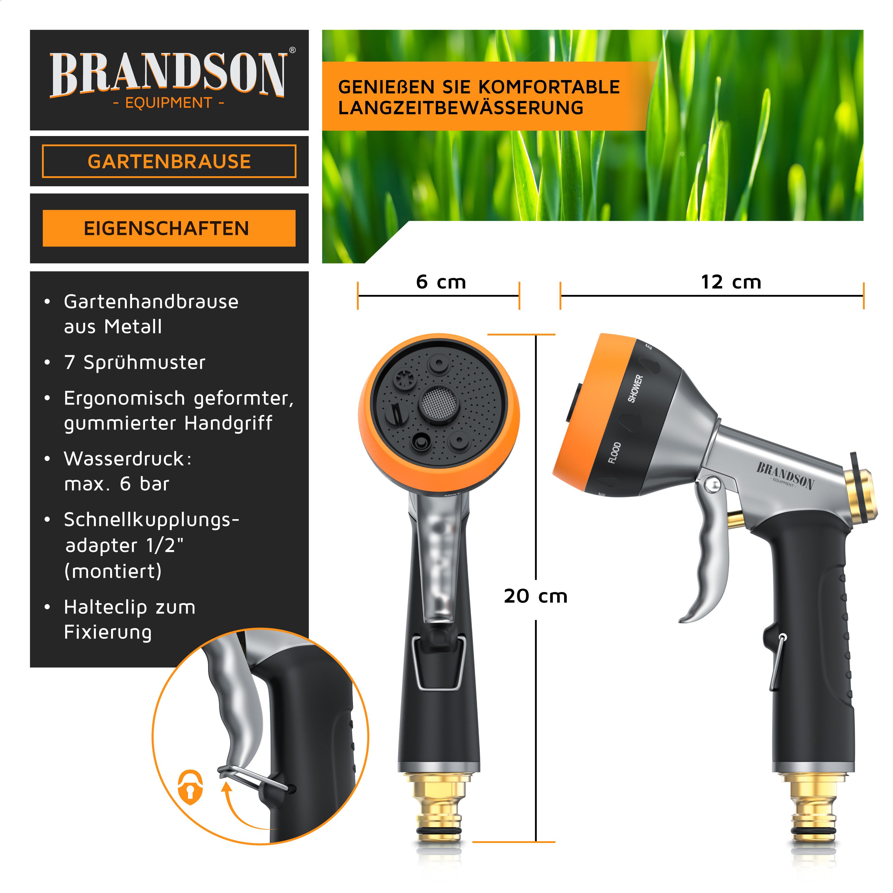 Brandson Multifunktionsbrause Garten Handbrause Metall, Gartenbrause, 7 Sprühmuster, Gartenpistole, (1-St), gummierter Griff, Wasserdurchfluss regelbar, Schnellkupplungsanschluss