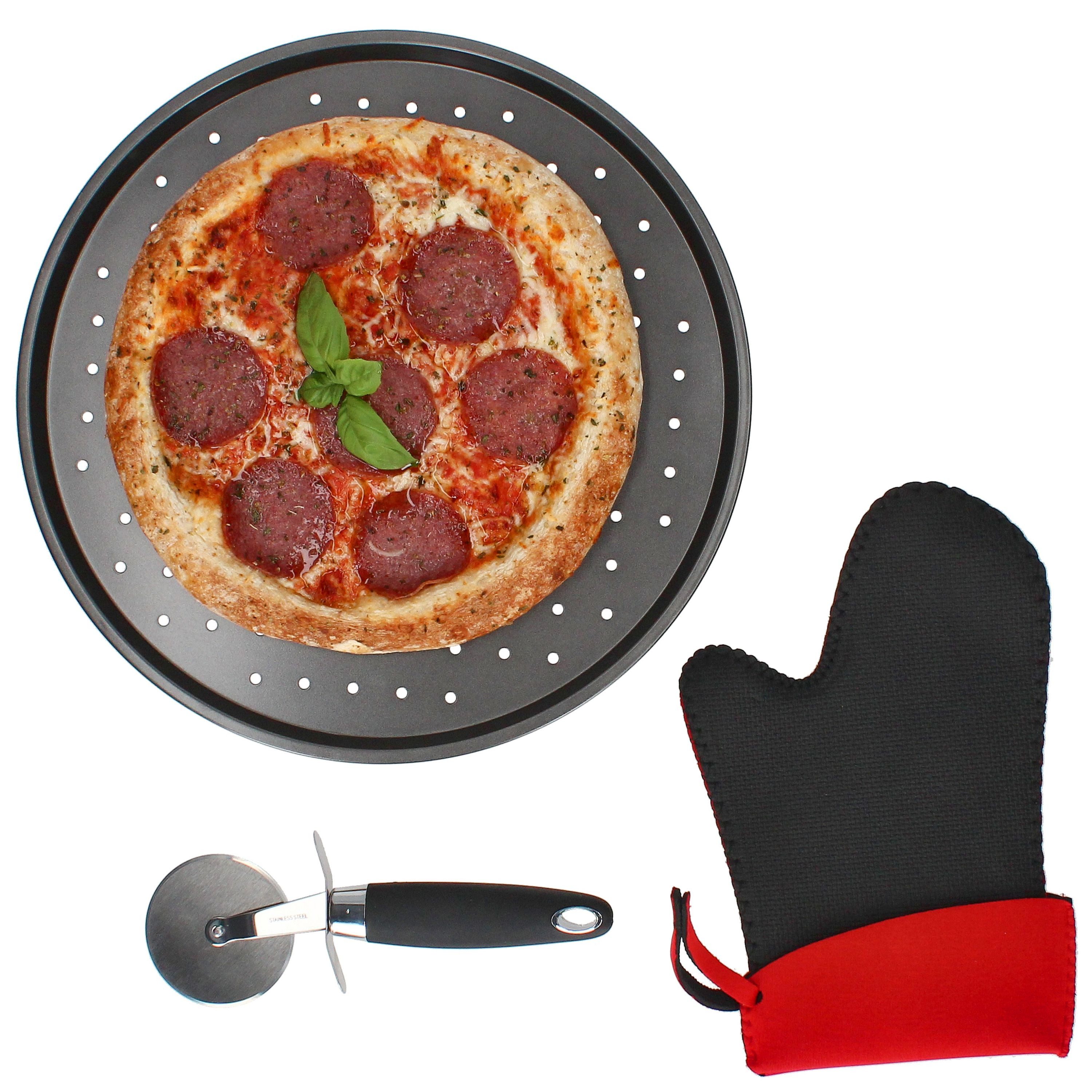MamboCat Pizzablech MamboCat Tava 3tlg Pizzablech Edelstahl mit Schneider & Handschuh