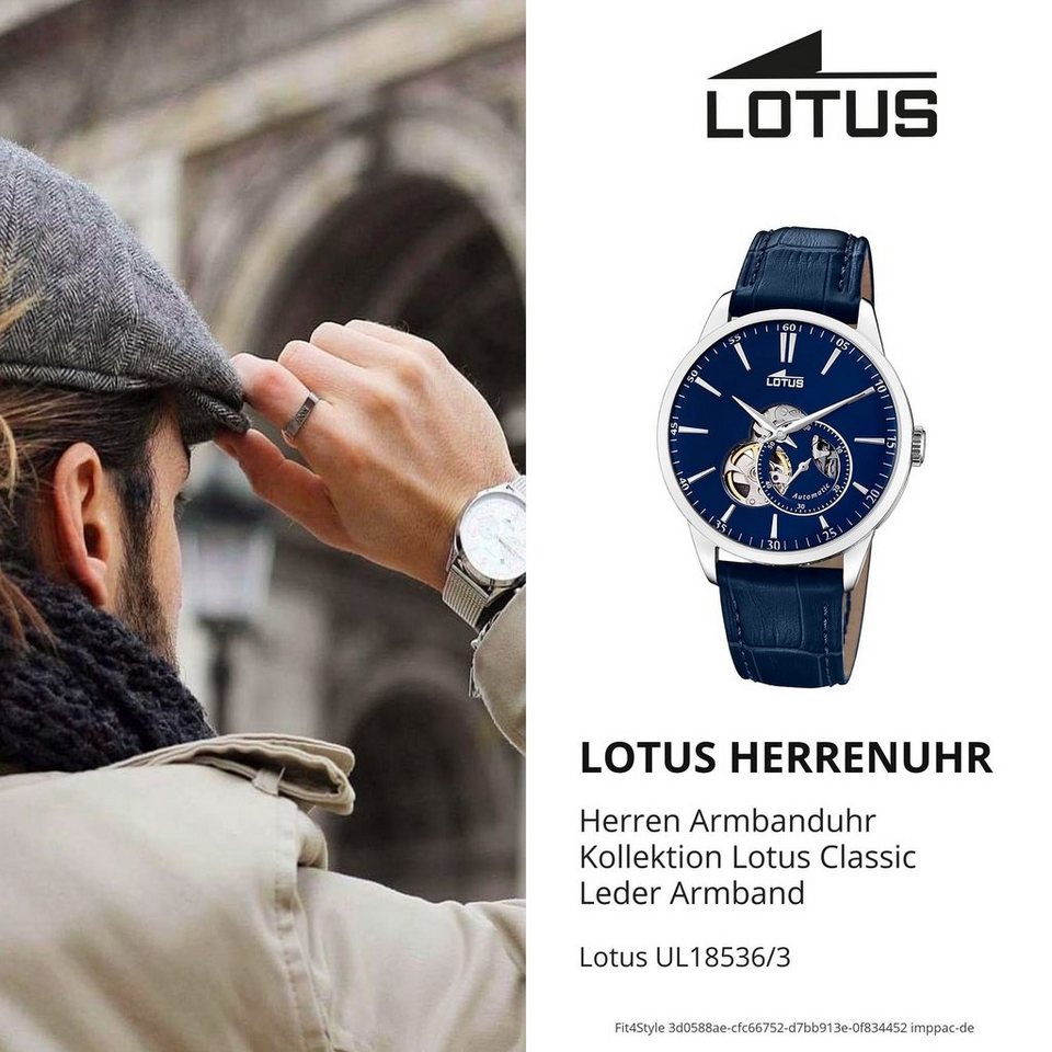 Lotus Quarzuhr Lotus Herren-Armbanduhr blau Analog, Herren Armbanduhr rund,  groß (ca. 42mm), Lederarmband blau