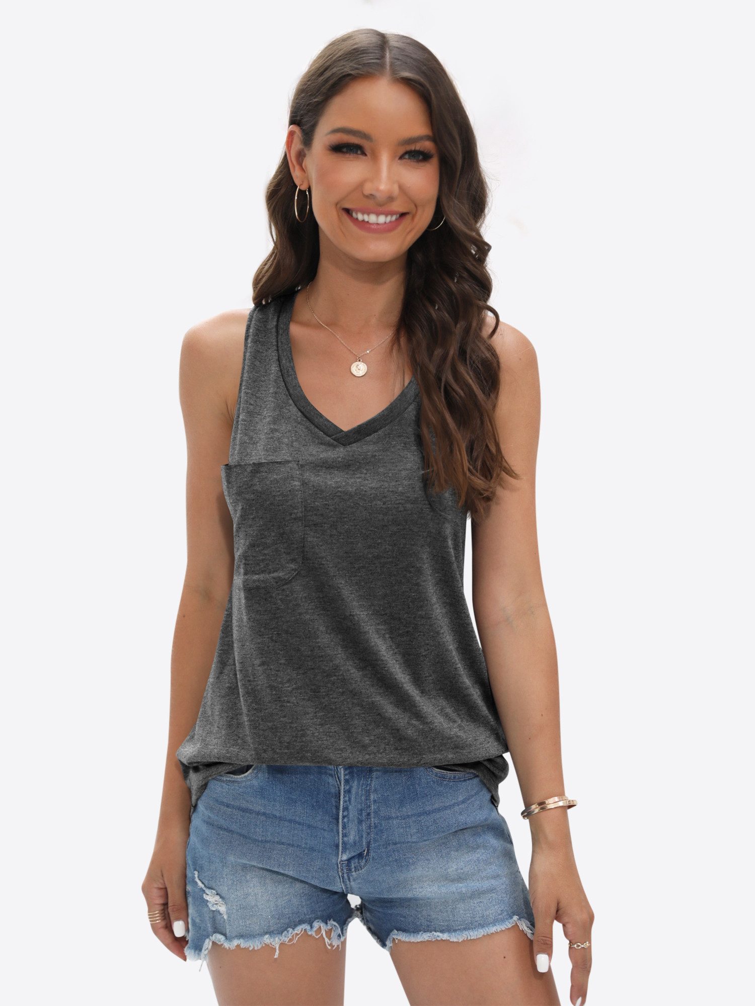 Imily Bela Tanktop Damen Ärmellos mit V-Ausschnitt Brusttasche Basic abgerundetem Saum (Packung, 1-tlg., 1per-Pack) in Unifarbe